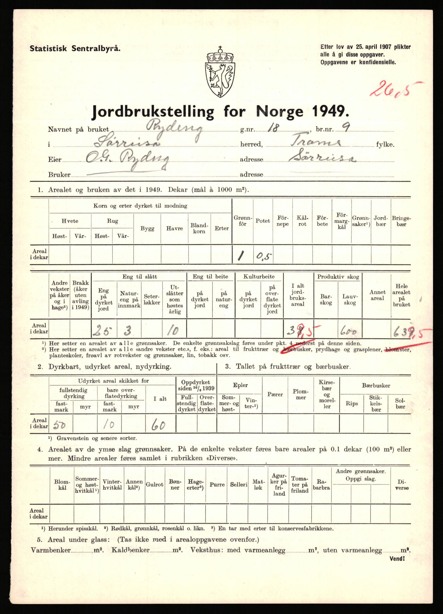 Statistisk sentralbyrå, Næringsøkonomiske emner, Jordbruk, skogbruk, jakt, fiske og fangst, AV/RA-S-2234/G/Gc/L0440: Troms: Sørreisa og Dyrøy, 1949, s. 565