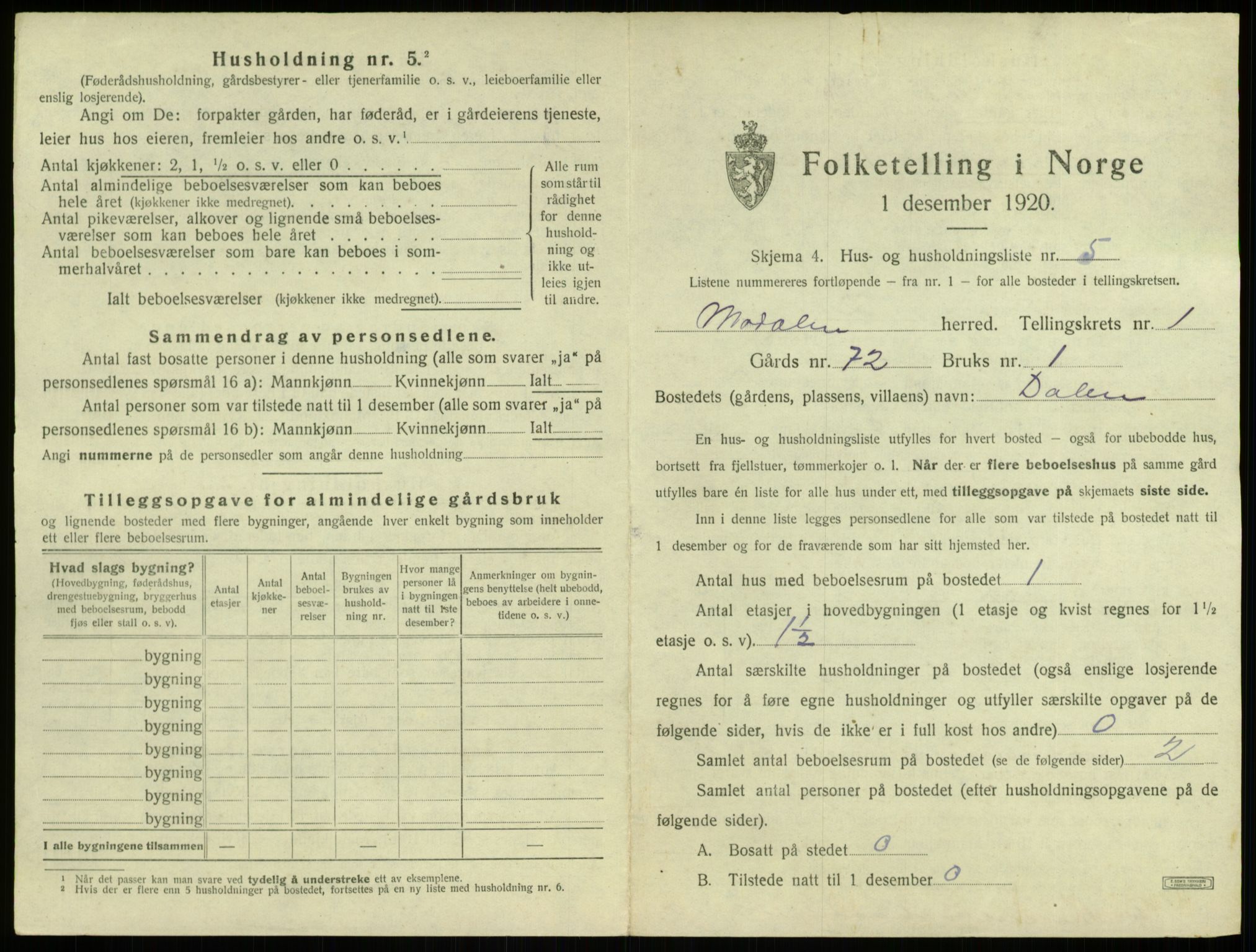 SAB, Folketelling 1920 for 1252 Modalen herred, 1920, s. 47