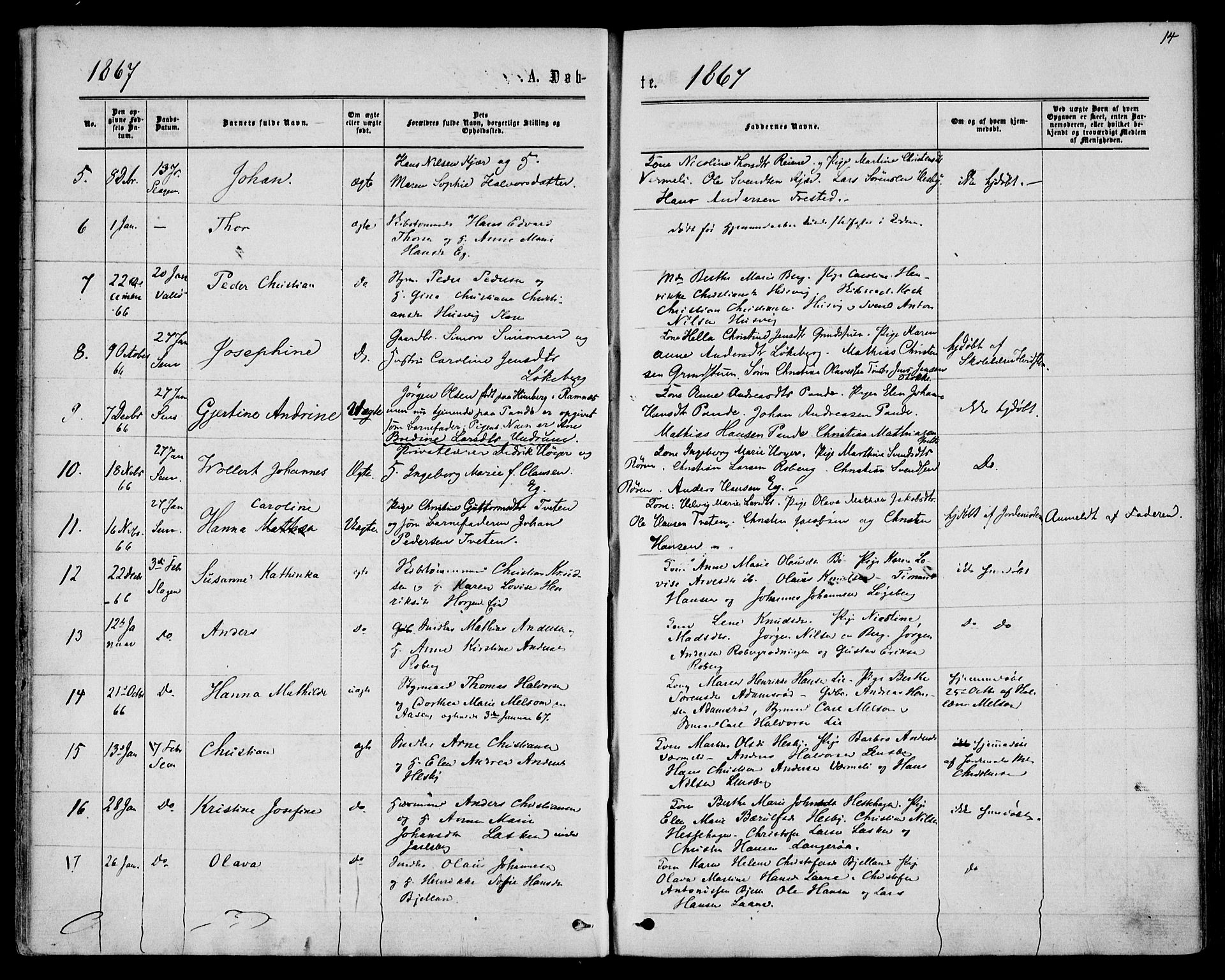 Sem kirkebøker, AV/SAKO-A-5/F/Fa/L0008: Ministerialbok nr. I 8, 1866-1873, s. 14