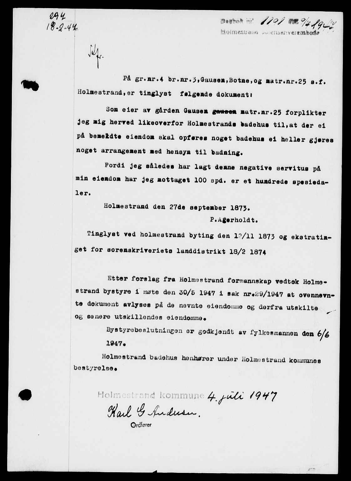 Holmestrand sorenskriveri, SAKO/A-67/G/Ga/Gaa/L0062: Pantebok nr. A-62, 1947-1947, Dagboknr: 1191/1947