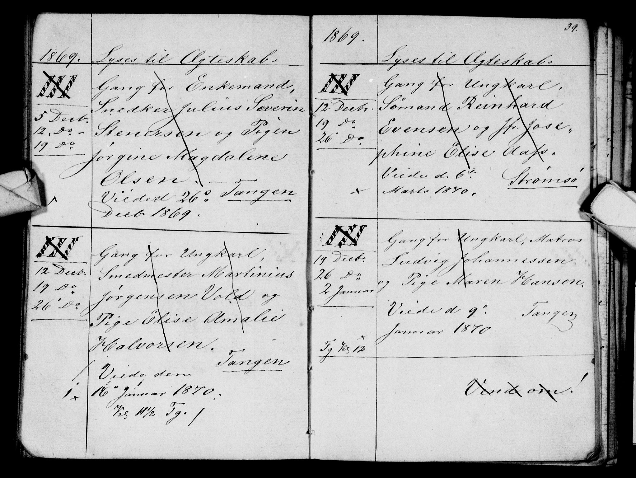 Strømsø kirkebøker, SAKO/A-246/H/Ha/L0003: Lysningsprotokoll nr. 3, 1866-1874, s. 39