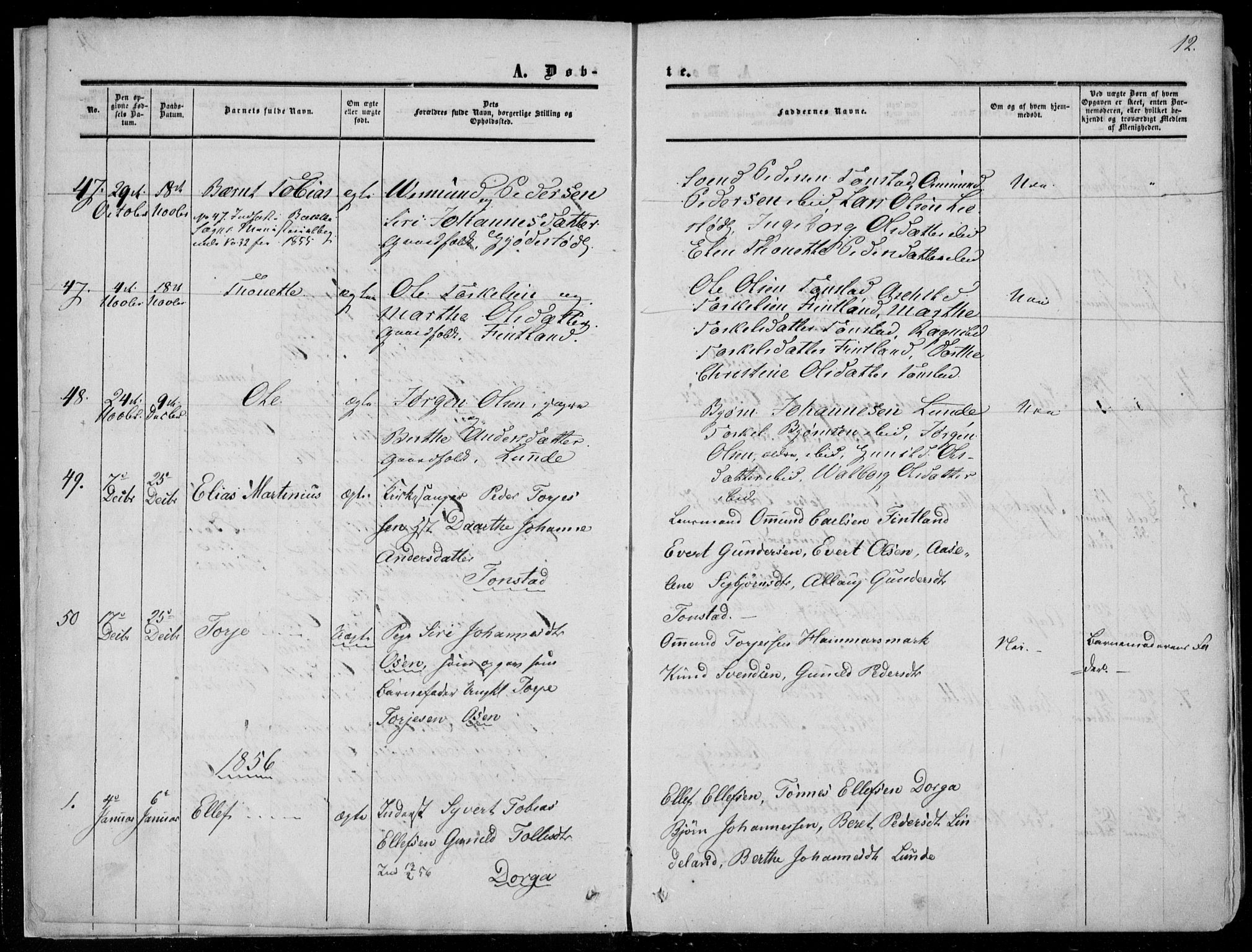 Sirdal sokneprestkontor, SAK/1111-0036/F/Fa/Fab/L0002: Ministerialbok nr. A 2, 1855-1874, s. 12