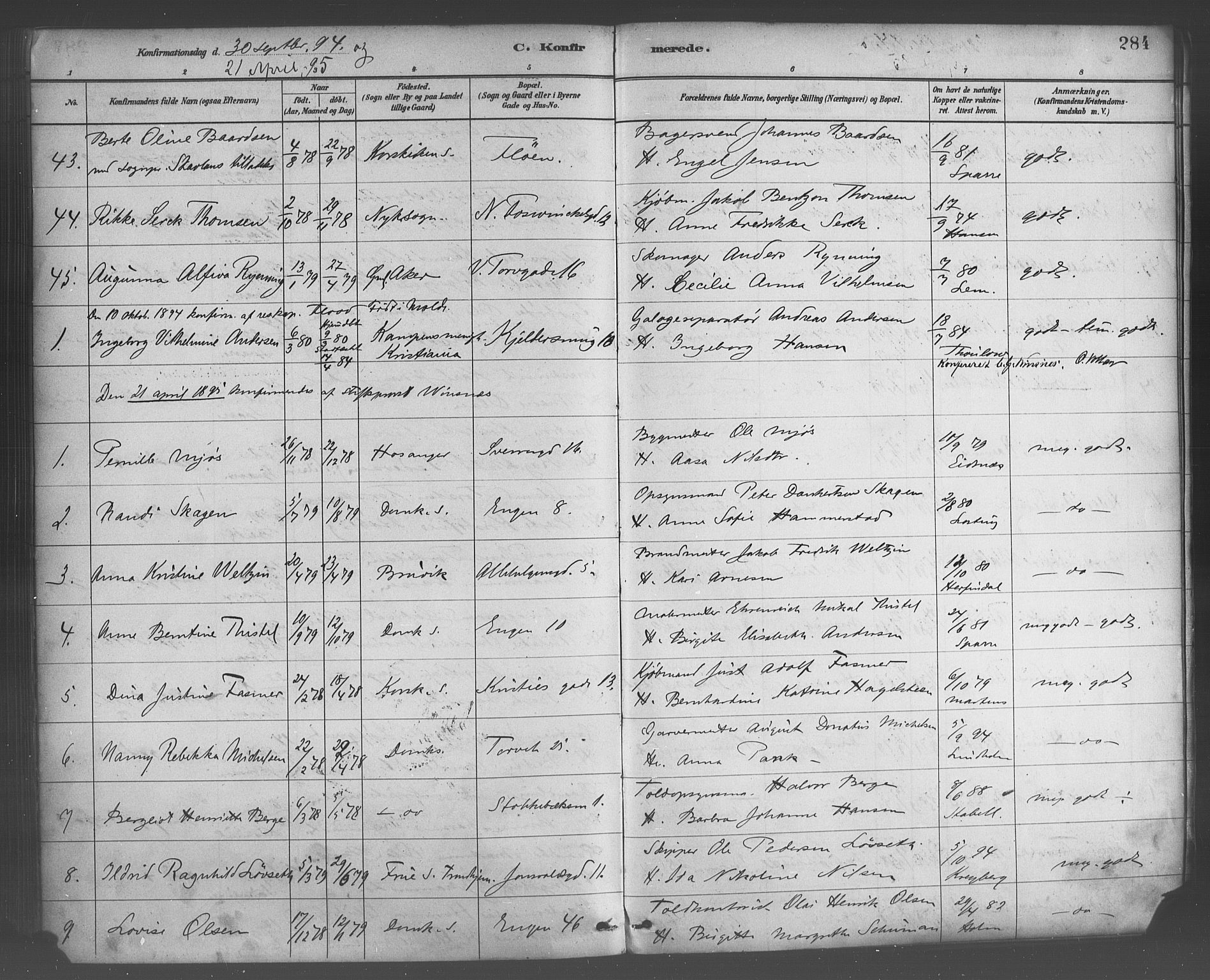 Domkirken sokneprestembete, AV/SAB-A-74801/H/Haa/L0030: Ministerialbok nr. C 5, 1880-1898, s. 284