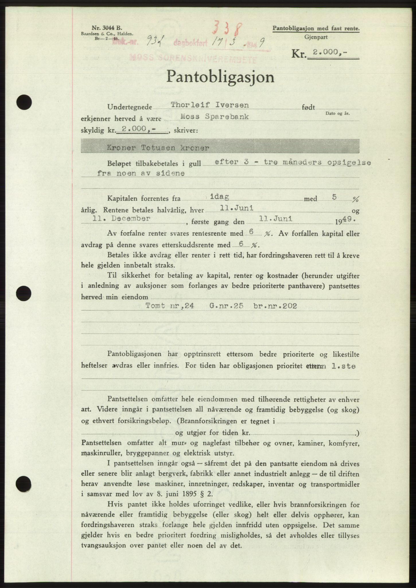 Moss sorenskriveri, SAO/A-10168: Pantebok nr. B21, 1949-1949, Dagboknr: 933/1949