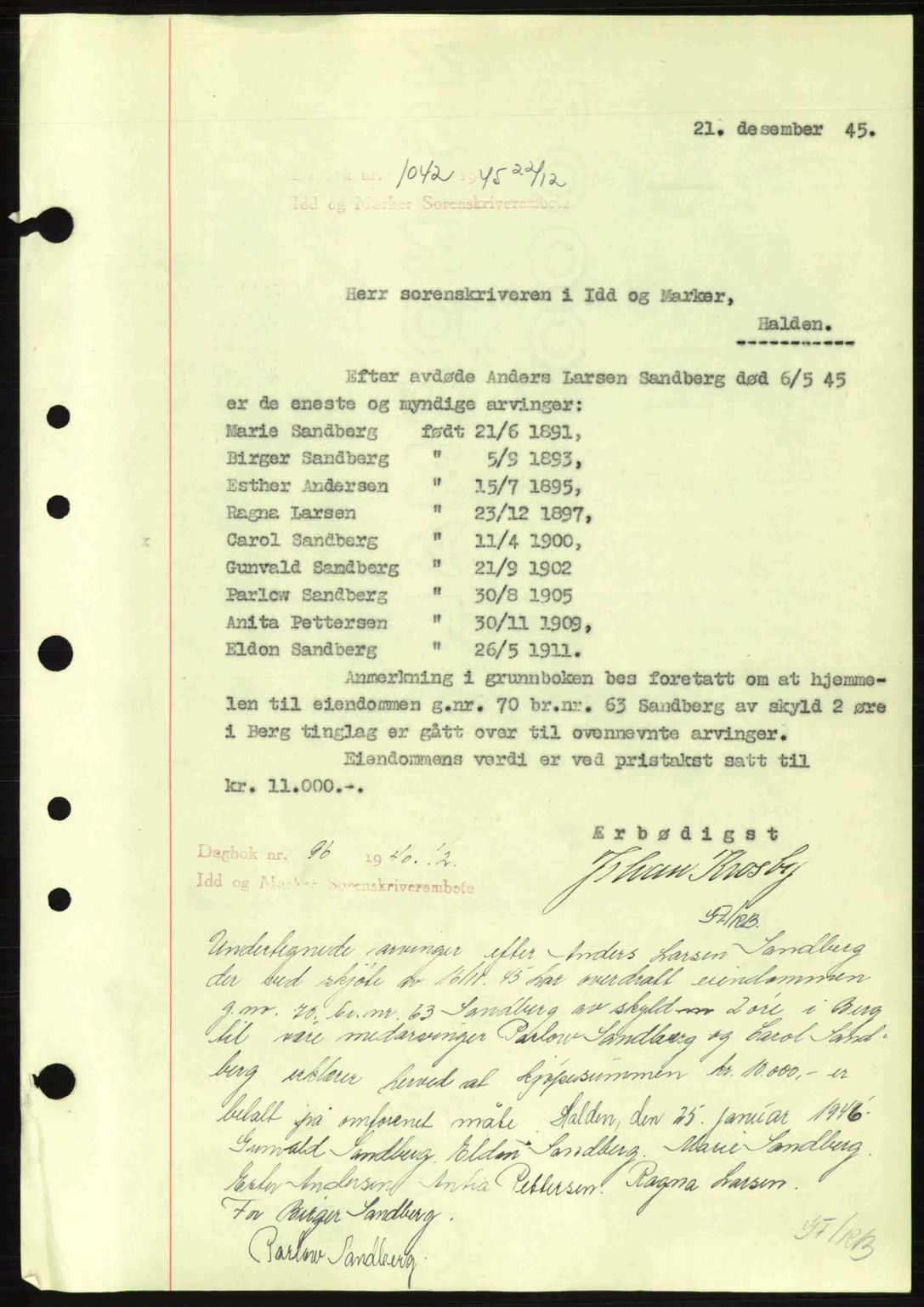 Idd og Marker sorenskriveri, AV/SAO-A-10283/G/Gb/Gbb/L0007: Pantebok nr. A7, 1944-1945, Dagboknr: 1042/1945