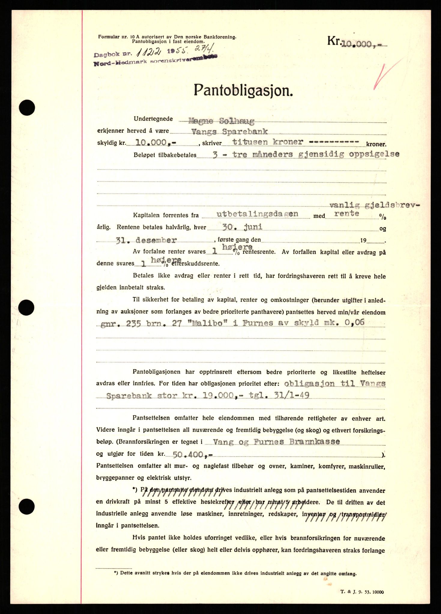 Nord-Hedmark sorenskriveri, SAH/TING-012/H/Hb/Hbf/L0032: Pantebok nr. B32, 1955-1955, Dagboknr: 1122/1952
