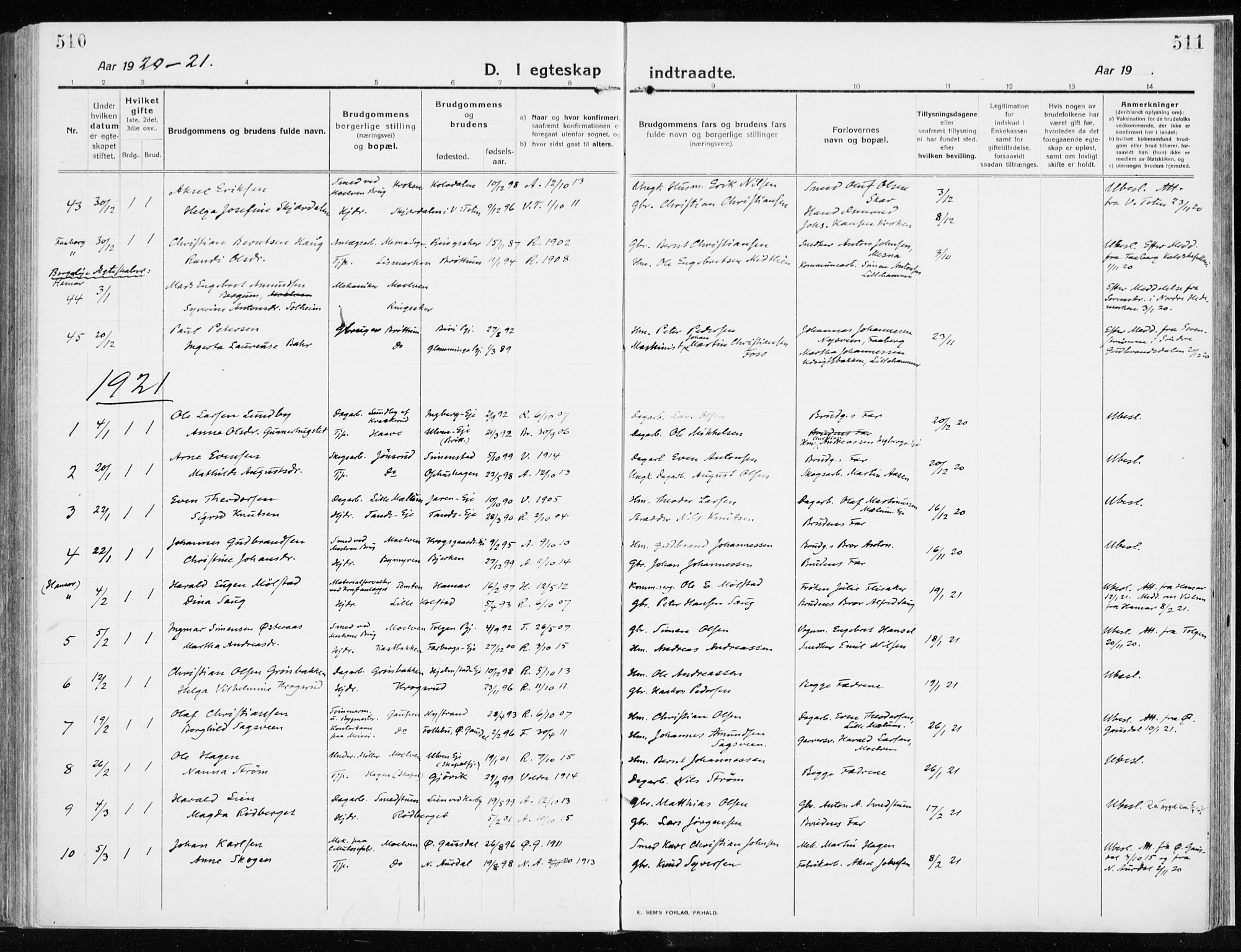 Ringsaker prestekontor, AV/SAH-PREST-014/K/Ka/L0020: Ministerialbok nr. 20, 1913-1922, s. 510-511