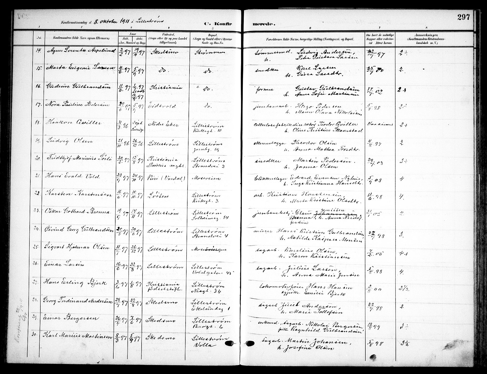 Skedsmo prestekontor Kirkebøker, AV/SAO-A-10033a/F/Fa/L0015: Ministerialbok nr. I 15, 1902-1917, s. 297