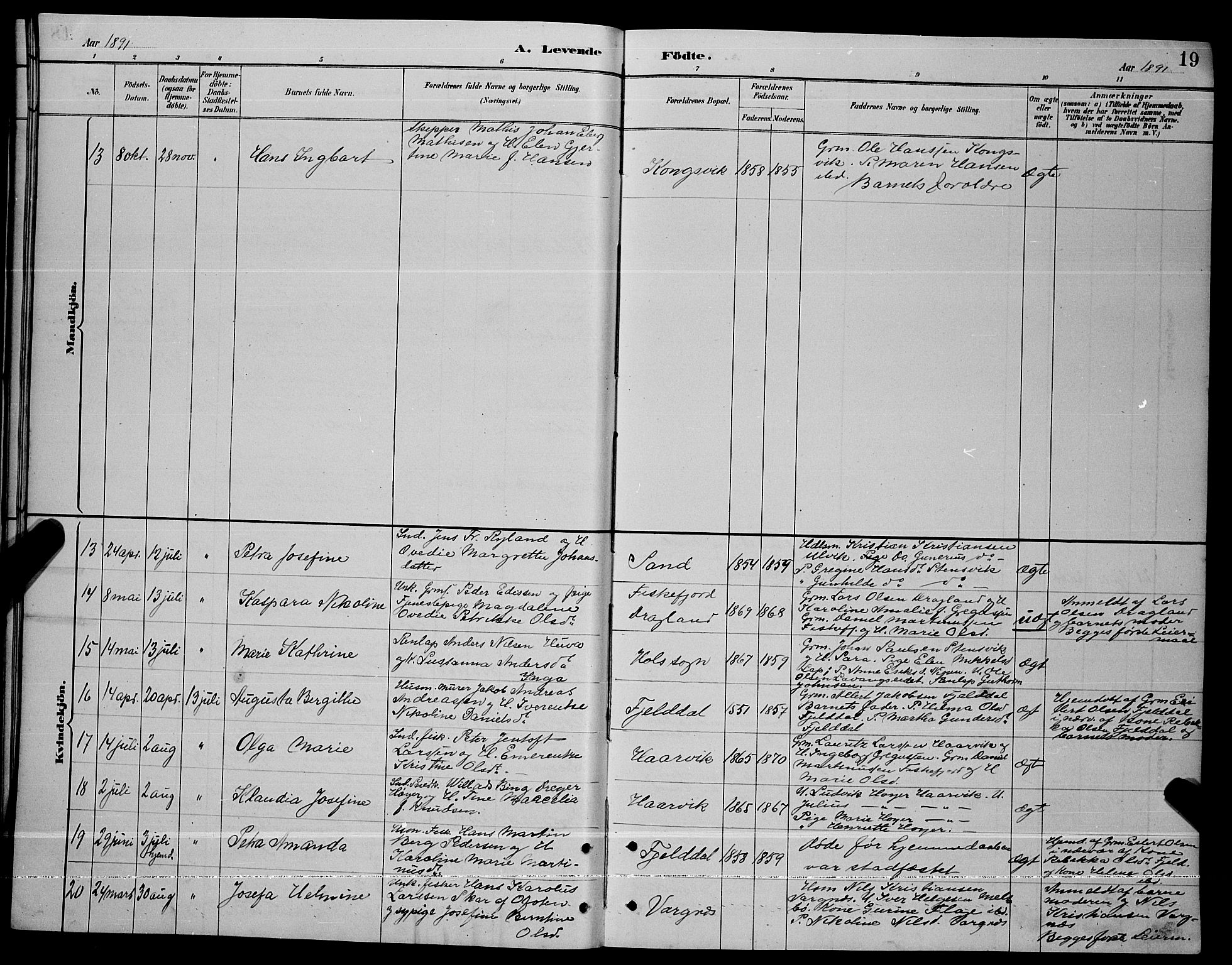 Ministerialprotokoller, klokkerbøker og fødselsregistre - Nordland, AV/SAT-A-1459/865/L0931: Klokkerbok nr. 865C03, 1885-1901, s. 19