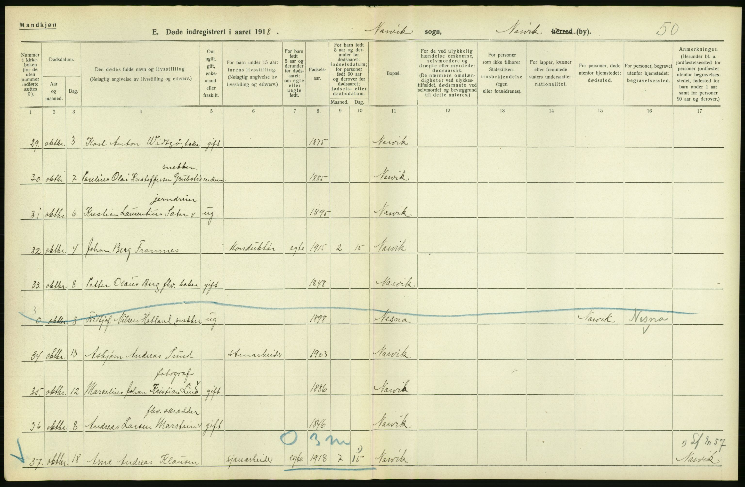 Statistisk sentralbyrå, Sosiodemografiske emner, Befolkning, RA/S-2228/D/Df/Dfb/Dfbh/L0055: Nordland fylke: Døde. Bygder og byer., 1918, s. 18