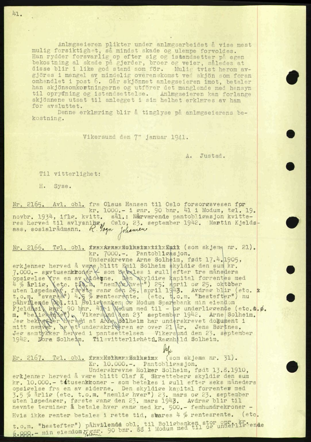 Eiker, Modum og Sigdal sorenskriveri, SAKO/A-123/G/Ga/Gab/L0047: Pantebok nr. A17, 1942-1943, Dagboknr: 2165/1942