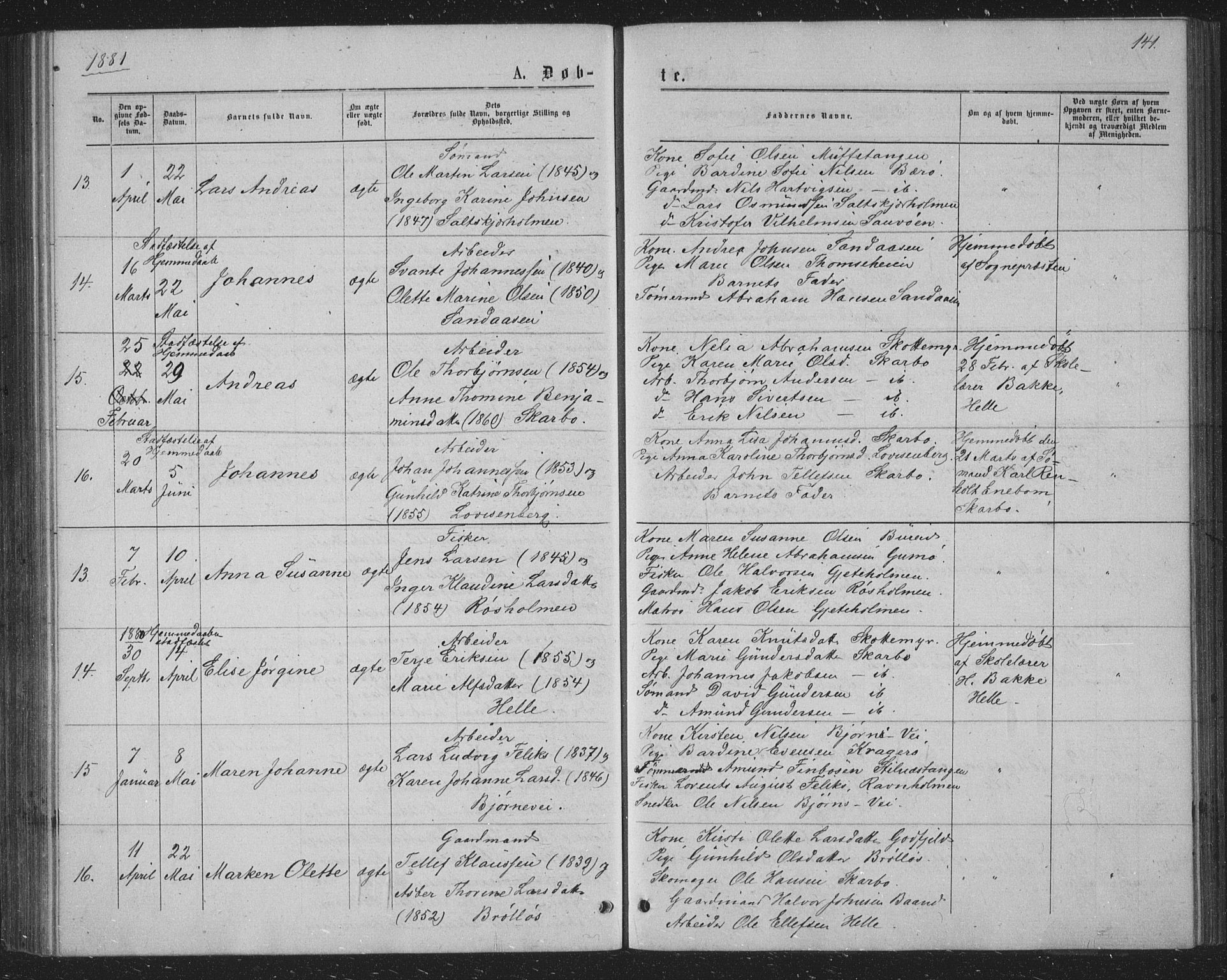 Skåtøy kirkebøker, AV/SAKO-A-304/G/Ga/L0002: Klokkerbok nr. I 2, 1872-1884, s. 141