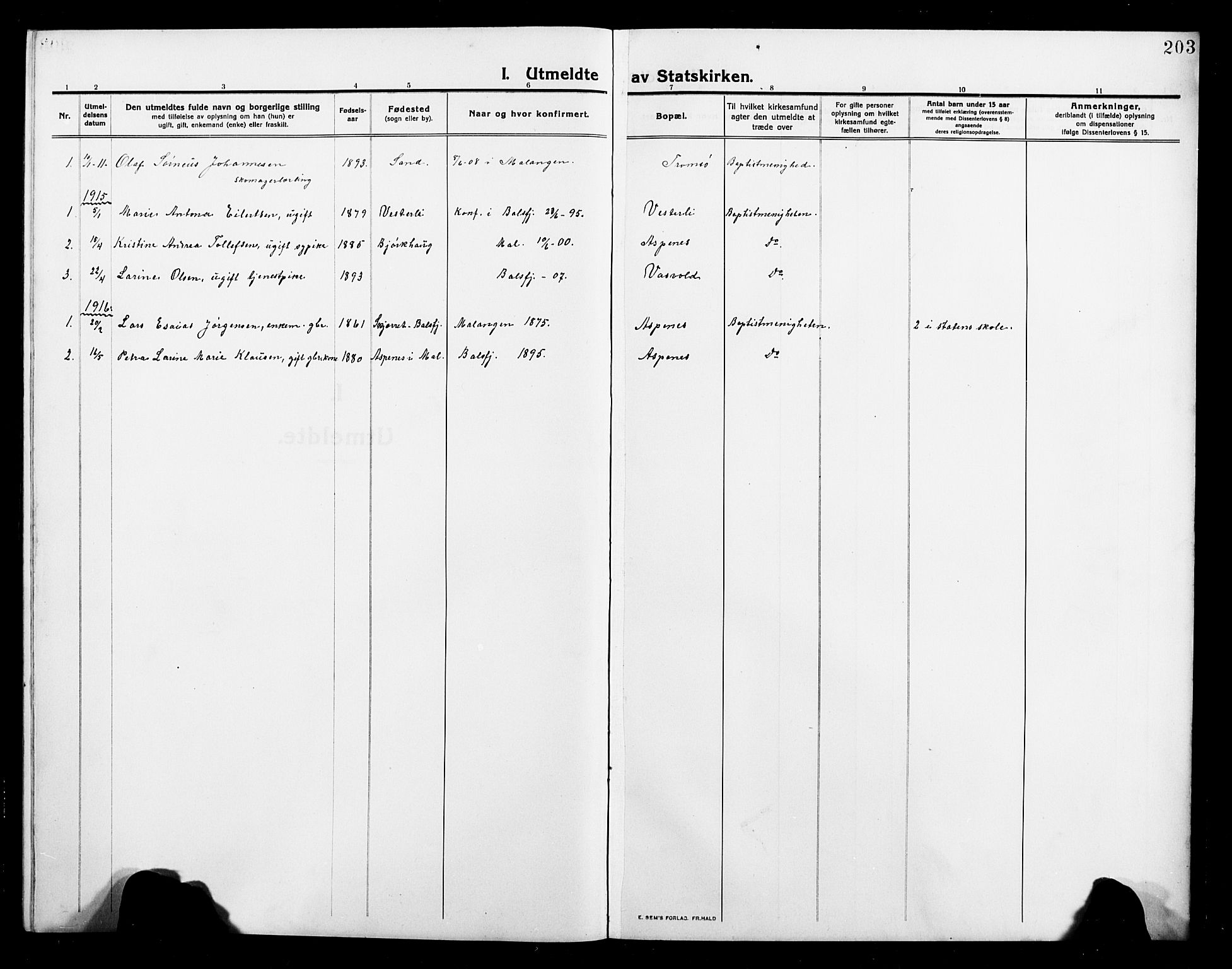 Balsfjord sokneprestembete, AV/SATØ-S-1303/G/Ga/L0004klokker: Klokkerbok nr. 4, 1910-1926, s. 203