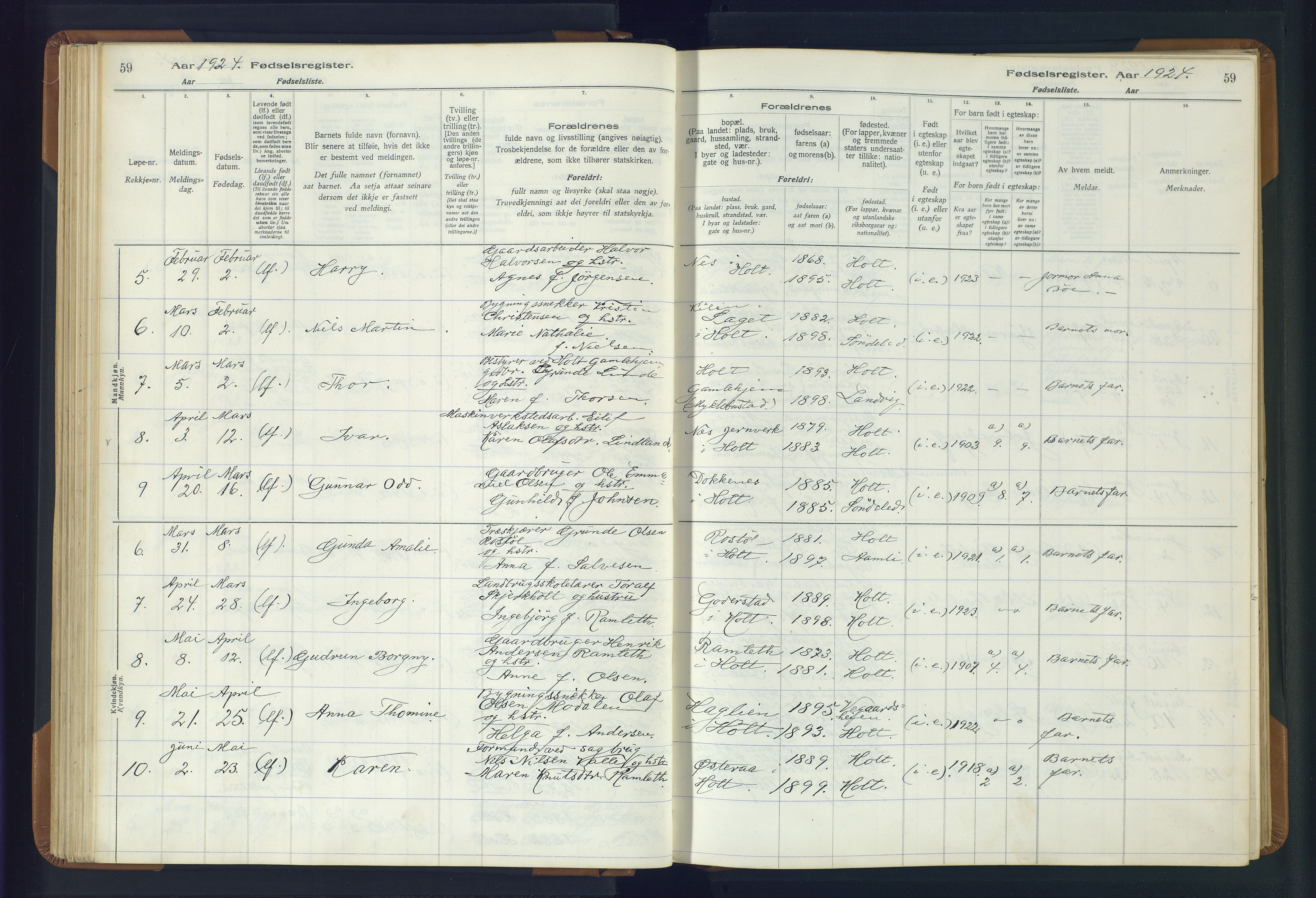 Holt sokneprestkontor, AV/SAK-1111-0021/J/Ja/L0001: Fødselsregister nr. II.4.1, 1916-1946, s. 59