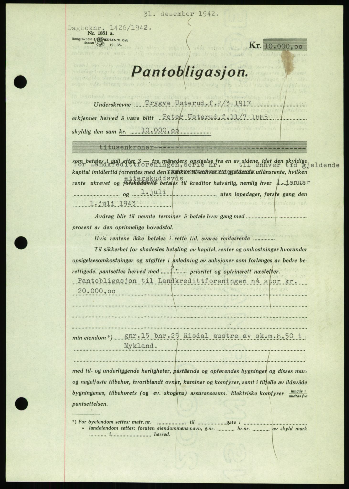 Nedenes sorenskriveri, SAK/1221-0006/G/Gb/Gbb/L0002: Pantebok nr. II, 1942-1945, Dagboknr: 1426/1942