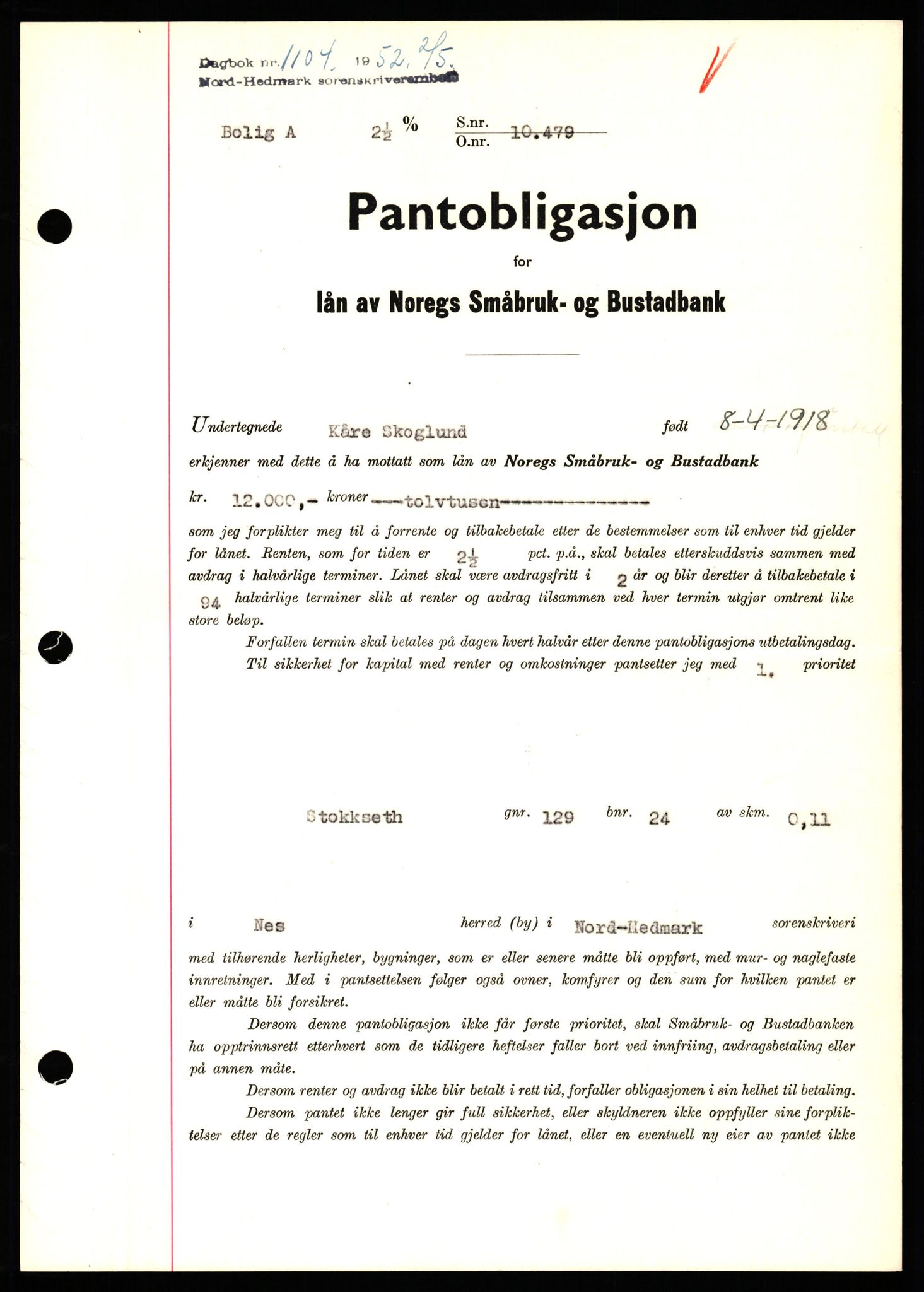 Nord-Hedmark sorenskriveri, SAH/TING-012/H/Hb/Hbf/L0025: Pantebok nr. B25, 1952-1952, Dagboknr: 1104/1952