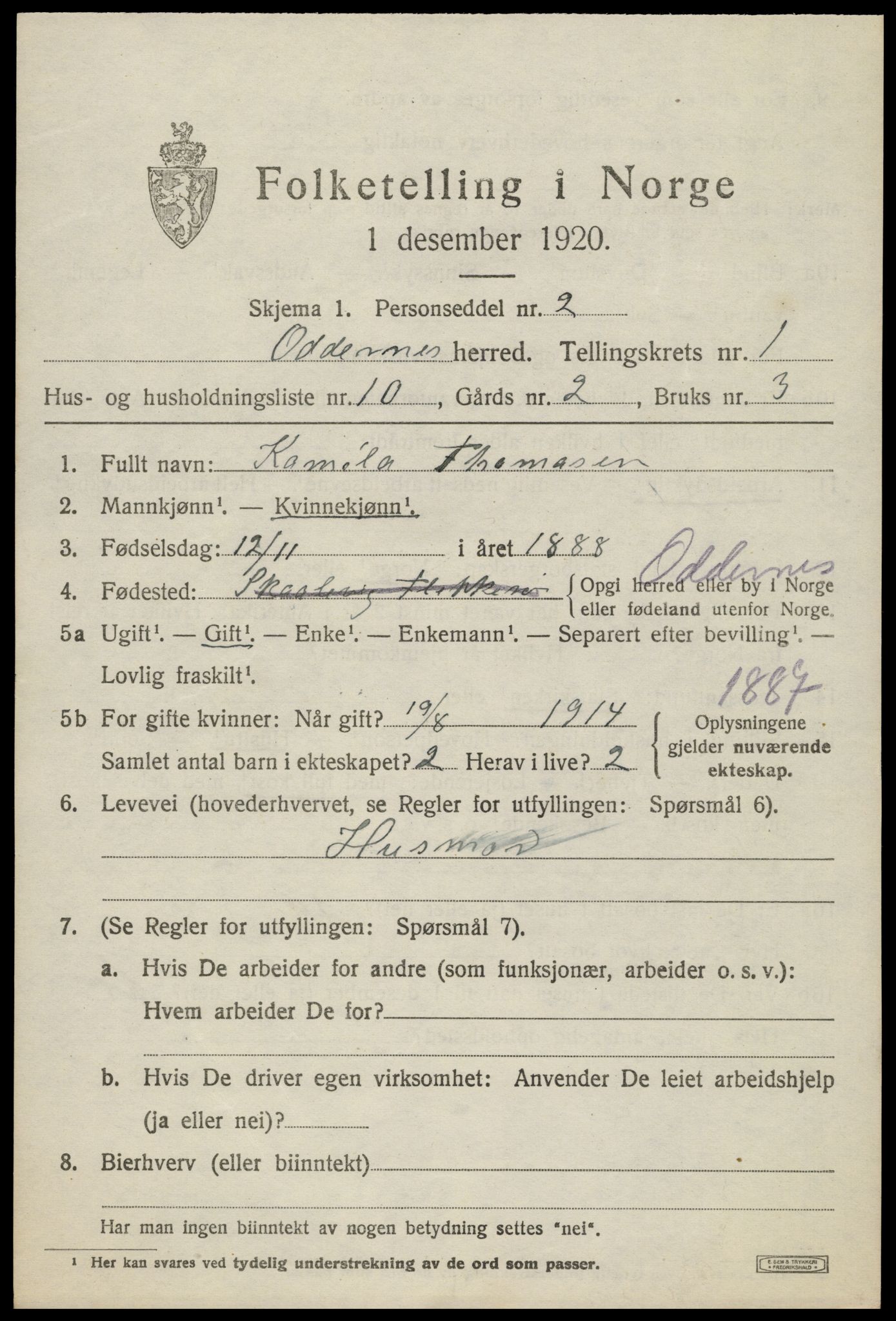SAK, Folketelling 1920 for 1012 Oddernes herred, 1920, s. 2133