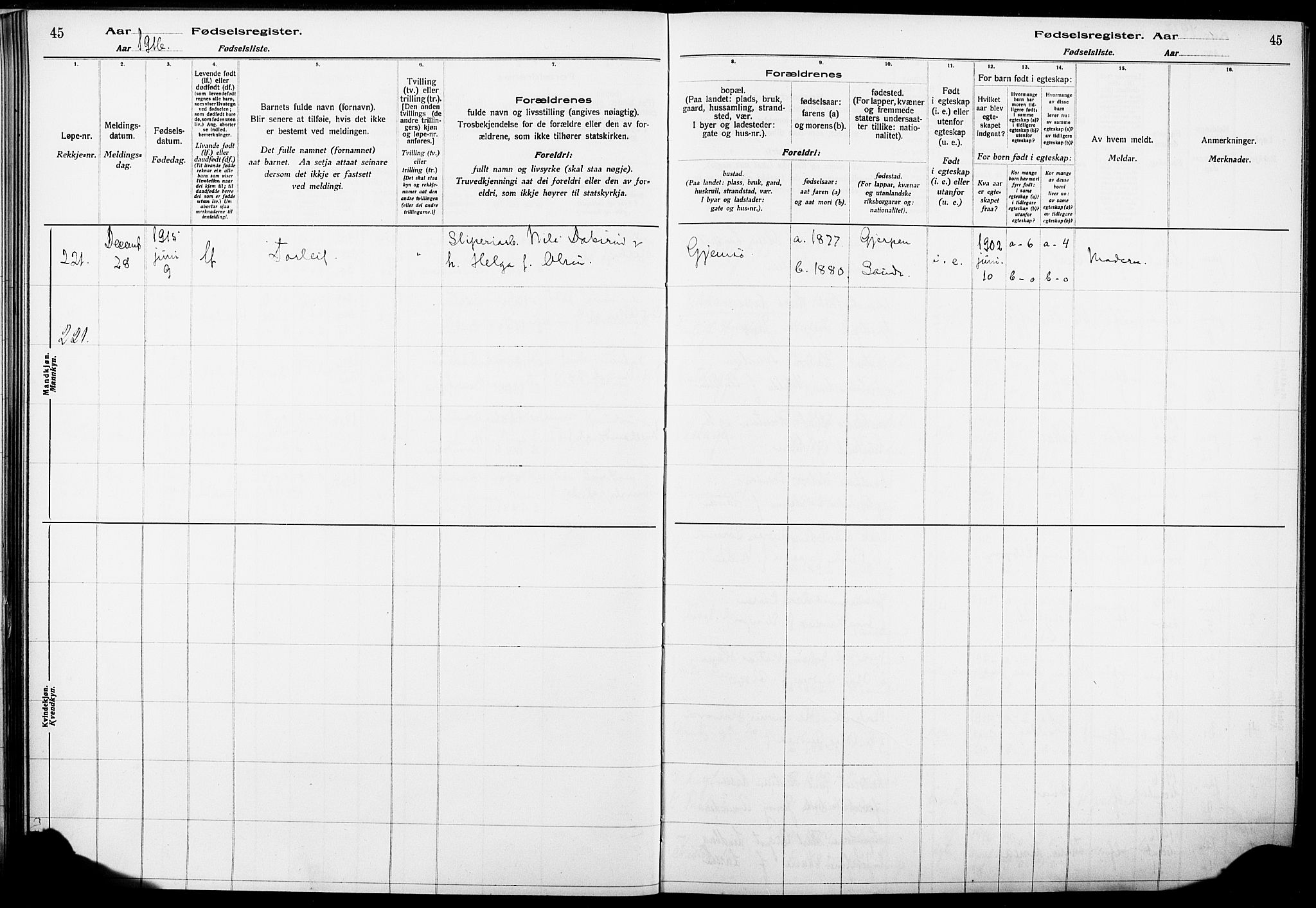 Skien kirkebøker, SAKO/A-302/J/Ja/L0001: Fødselsregister nr. 1, 1916-1920, s. 45