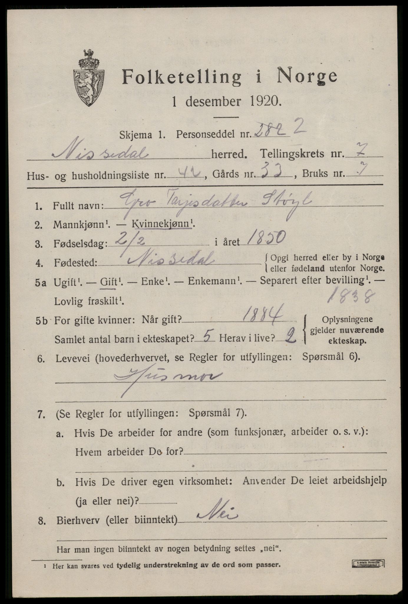 SAKO, Folketelling 1920 for 0830 Nissedal herred, 1920, s. 3035