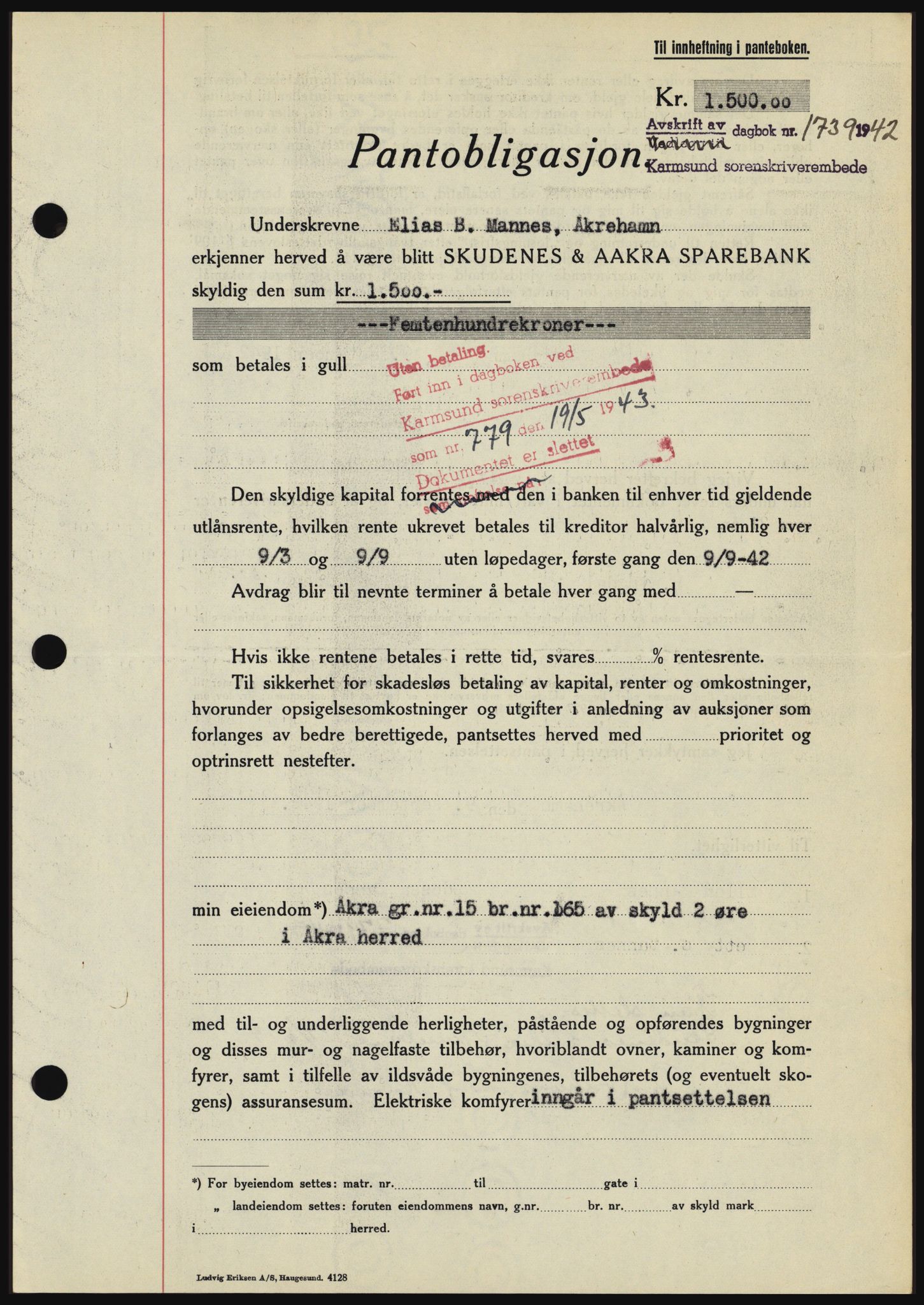 Karmsund sorenskriveri, SAST/A-100311/01/II/IIBBE/L0008: Pantebok nr. B 54, 1942-1943, Dagboknr: 1739/1942