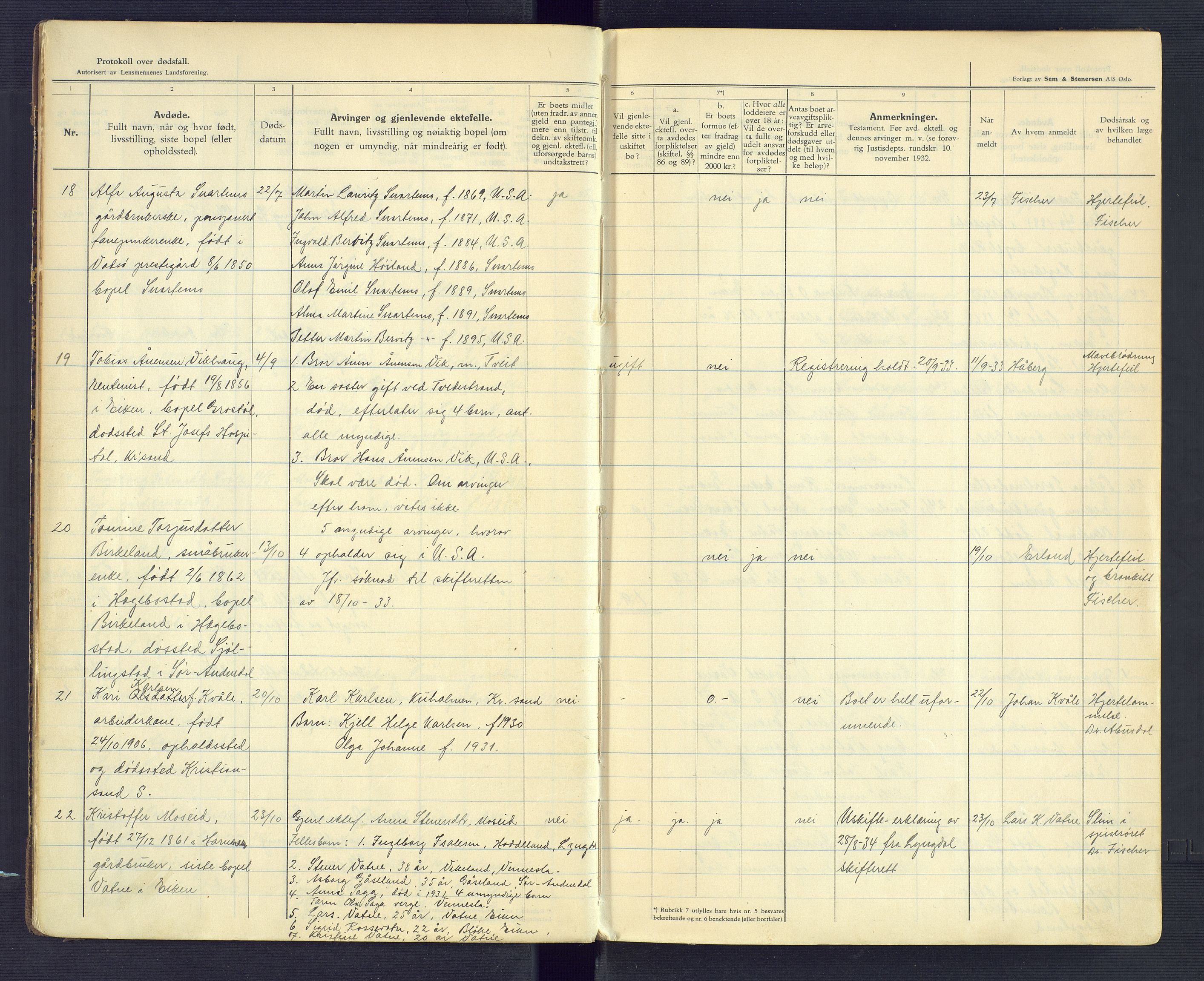 Hægebostad og Eiken lensmannskontor, SAK/1241-0023/F/Fe/L0003: Dødsfallsprotokoll nr 35, 1933-1952