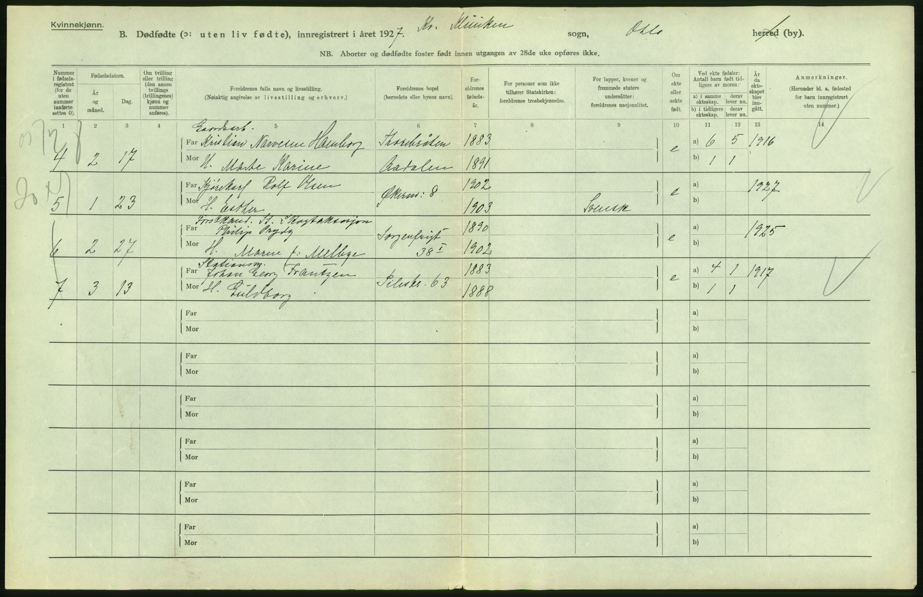 Statistisk sentralbyrå, Sosiodemografiske emner, Befolkning, AV/RA-S-2228/D/Df/Dfc/Dfcg/L0010: Oslo: Døde kvinner, dødfødte, 1927, s. 32