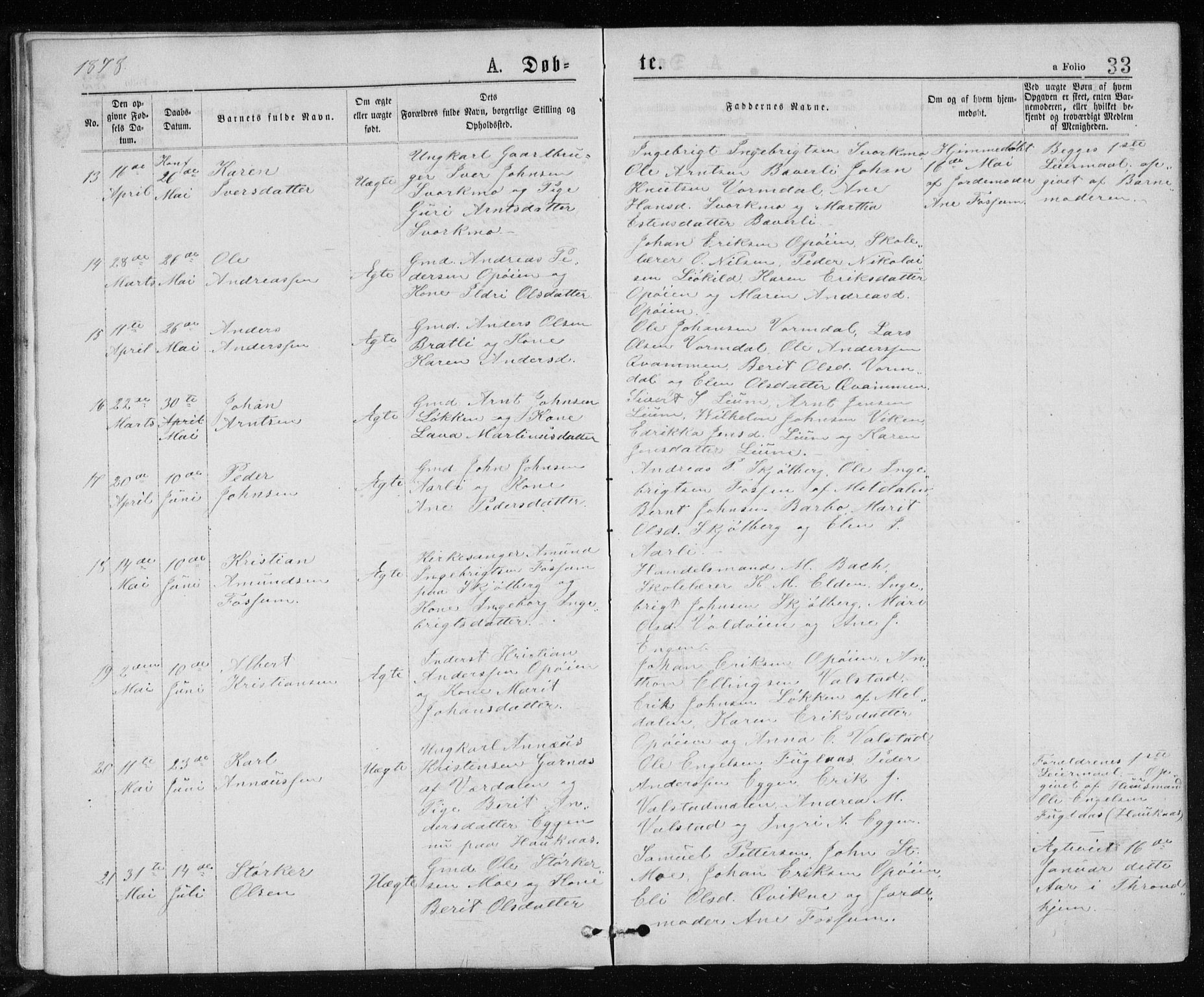 Ministerialprotokoller, klokkerbøker og fødselsregistre - Sør-Trøndelag, SAT/A-1456/671/L0843: Klokkerbok nr. 671C02, 1873-1892, s. 33