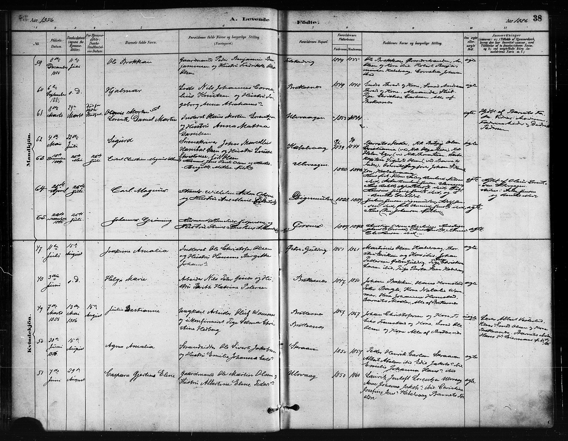 Ministerialprotokoller, klokkerbøker og fødselsregistre - Nordland, SAT/A-1459/874/L1059: Ministerialbok nr. 874A03, 1884-1890, s. 38