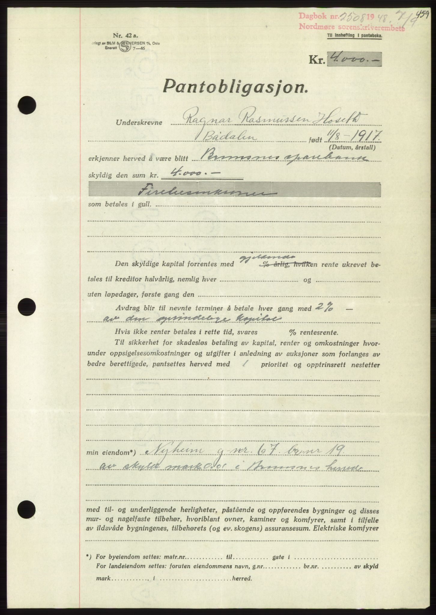 Nordmøre sorenskriveri, AV/SAT-A-4132/1/2/2Ca: Pantebok nr. B99, 1948-1948, Dagboknr: 2508/1948