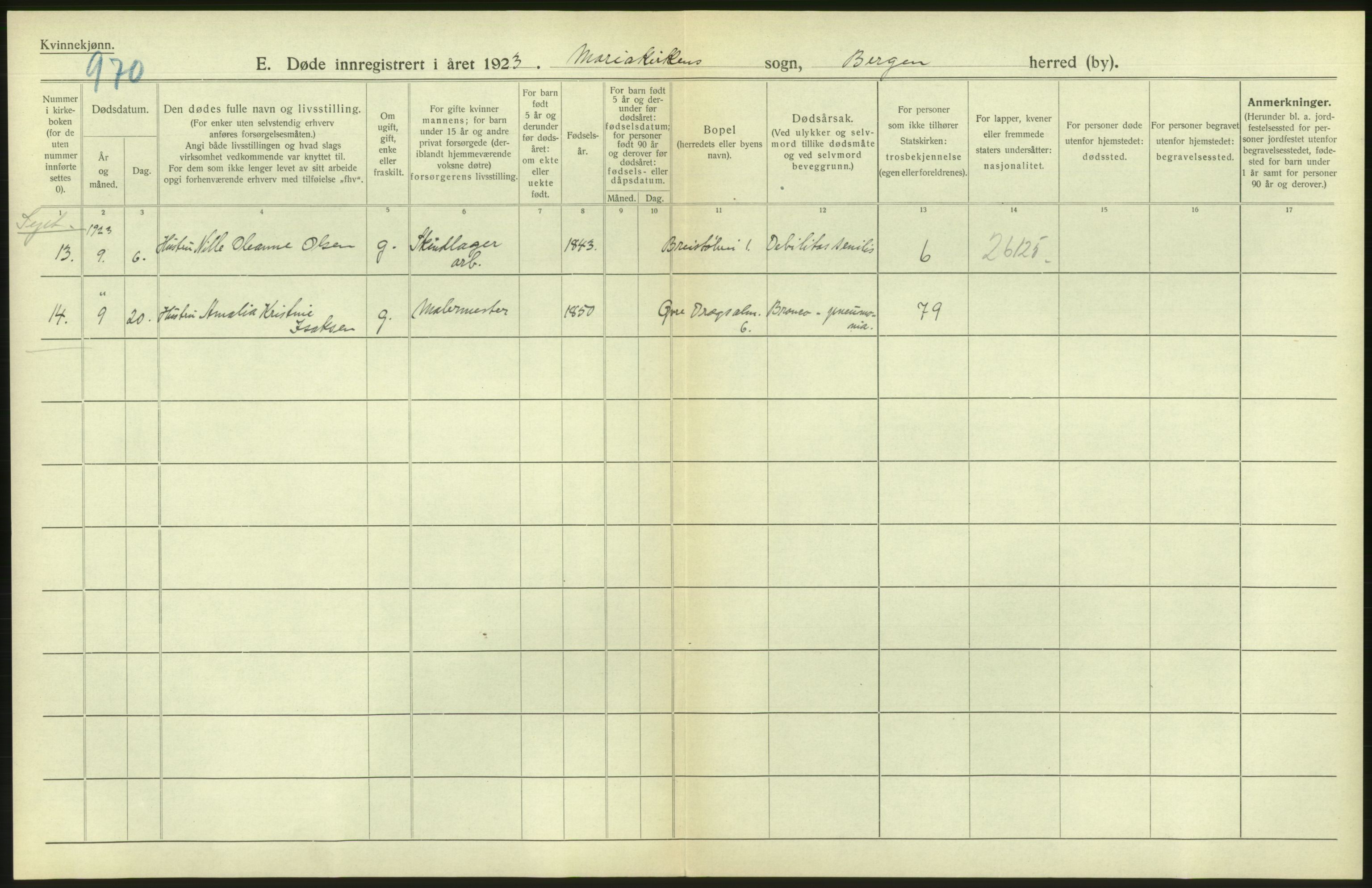 Statistisk sentralbyrå, Sosiodemografiske emner, Befolkning, RA/S-2228/D/Df/Dfc/Dfcc/L0029: Bergen: Gifte, døde, dødfødte., 1923, s. 284