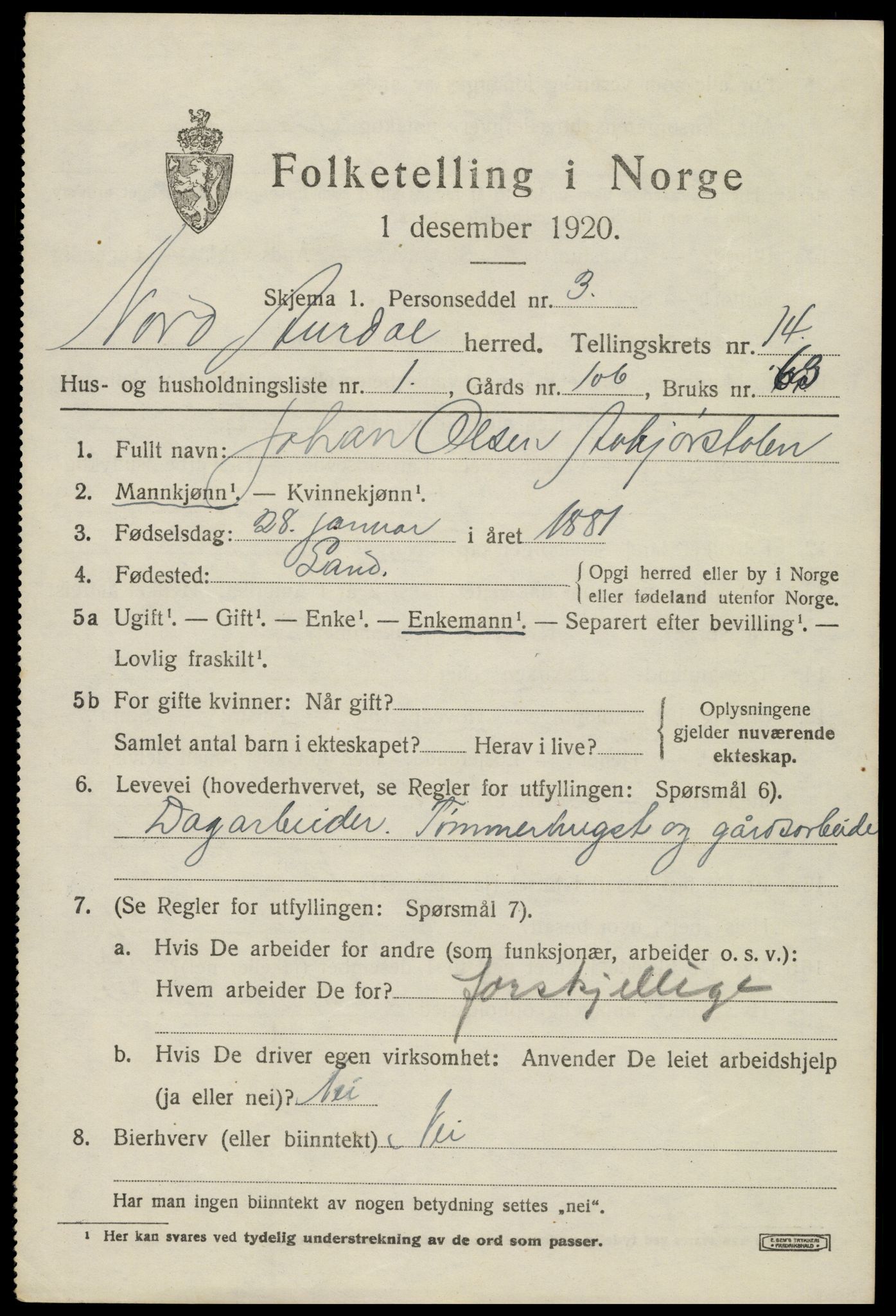 SAH, Folketelling 1920 for 0542 Nord-Aurdal herred, 1920, s. 10988