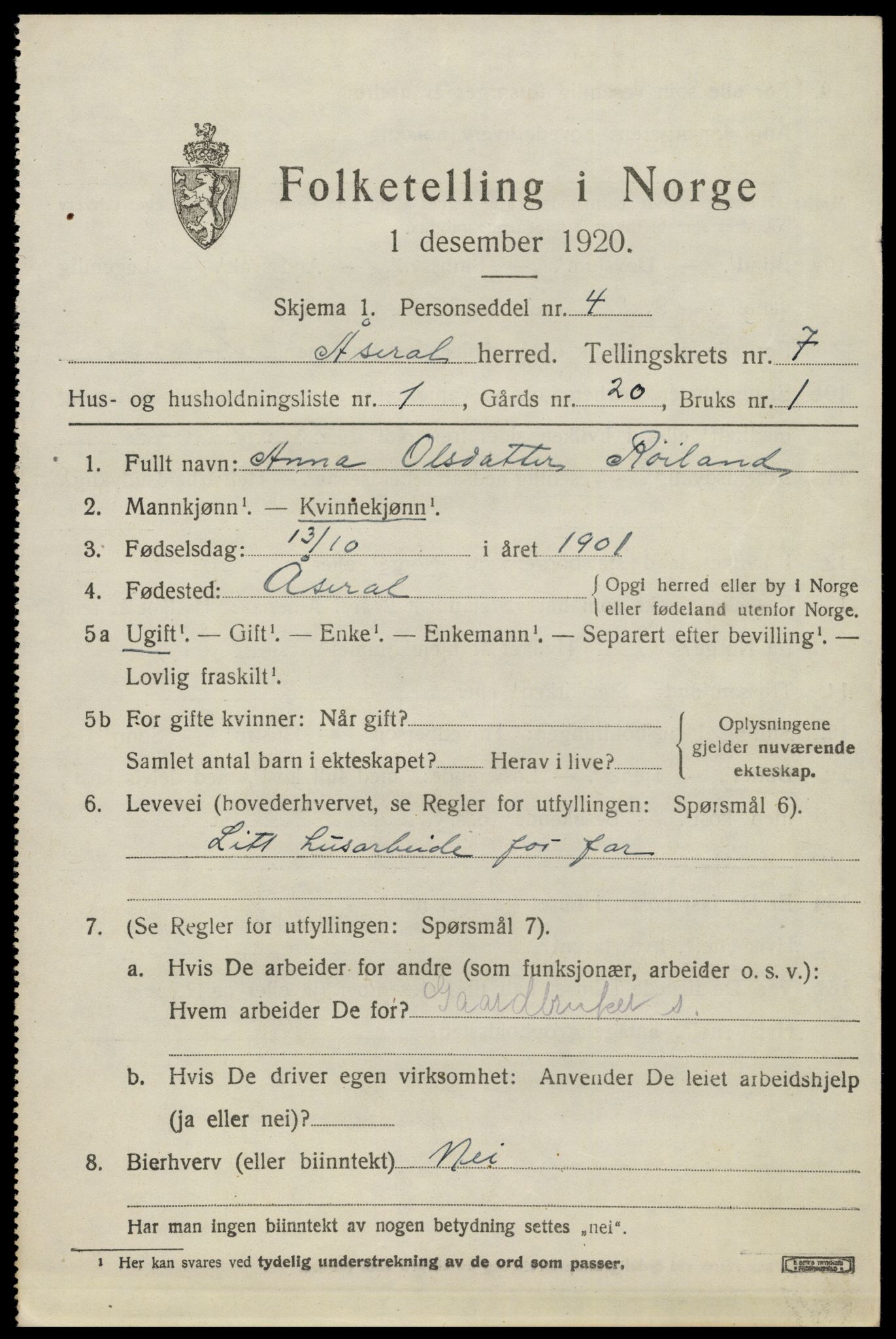 SAK, Folketelling 1920 for 1026 Åseral herred, 1920, s. 2052