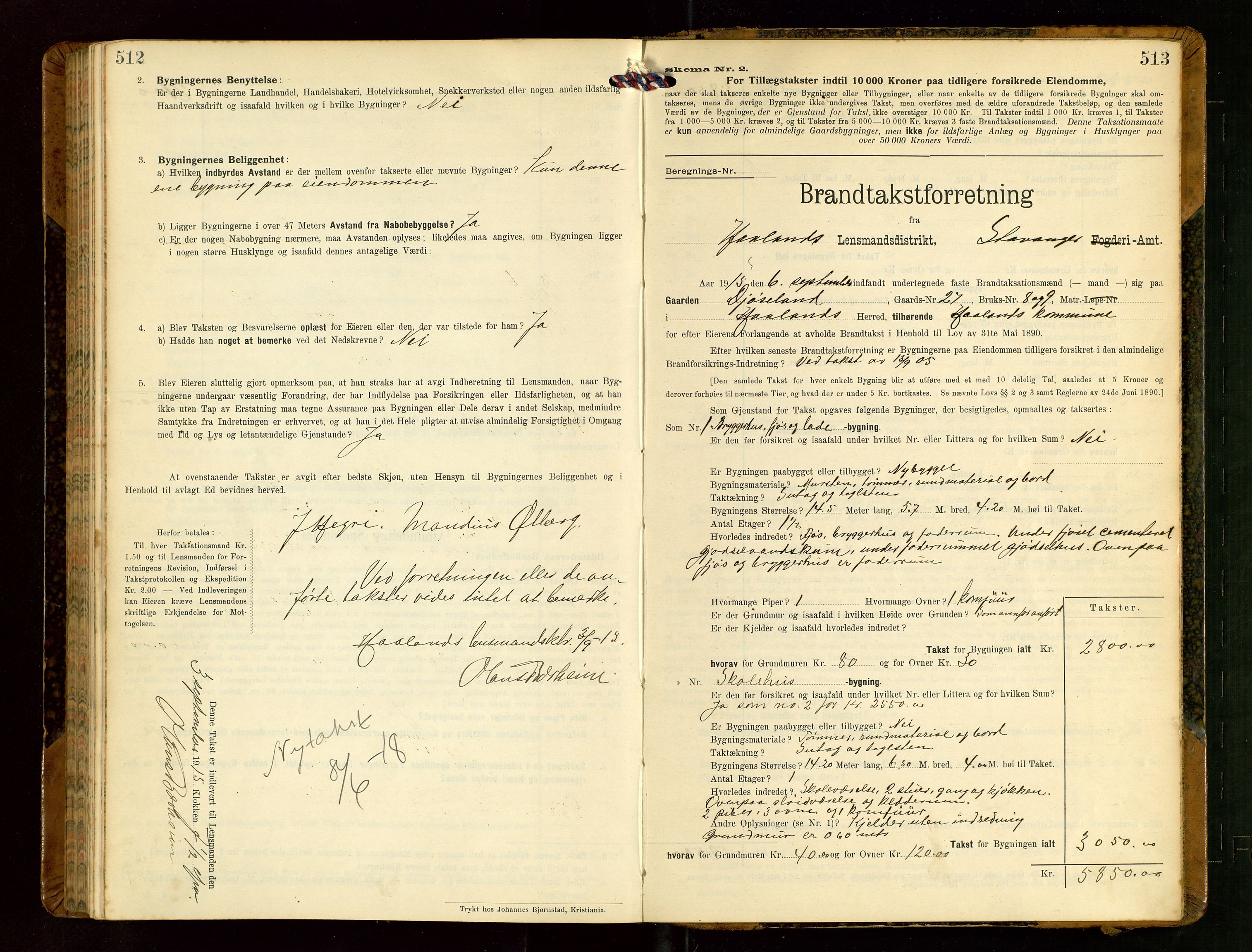 Håland lensmannskontor, AV/SAST-A-100100/Gob/L0004: Branntakstprotokoll - skjematakst. Register i boken., 1913-1915, s. 512-513