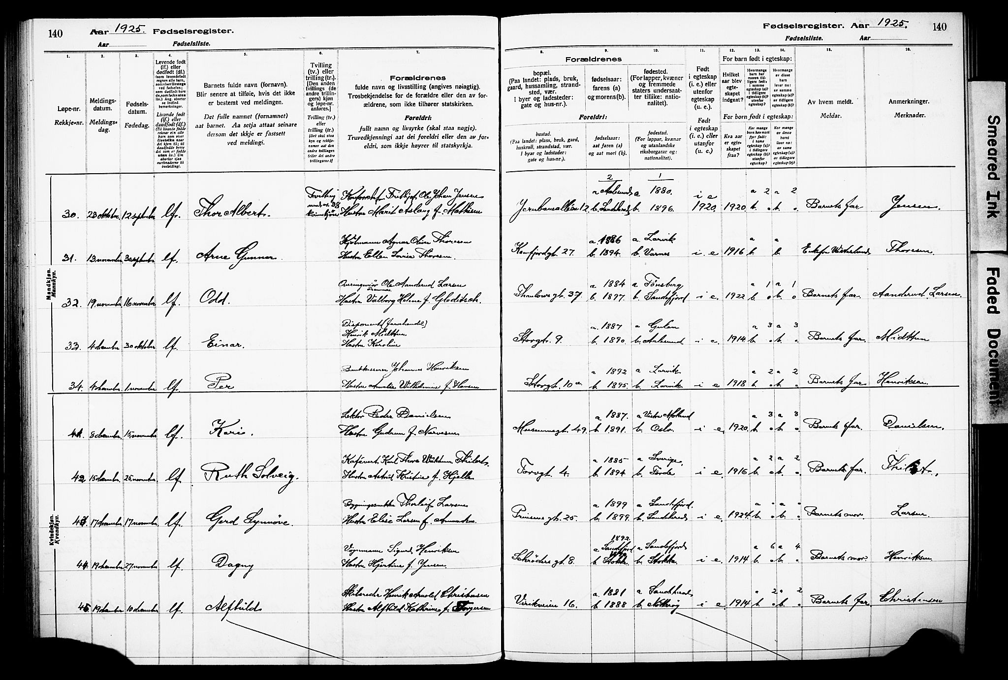 Sandefjord kirkebøker, AV/SAKO-A-315/J/Ja/L0001: Fødselsregister nr. 1, 1916-1932, s. 140