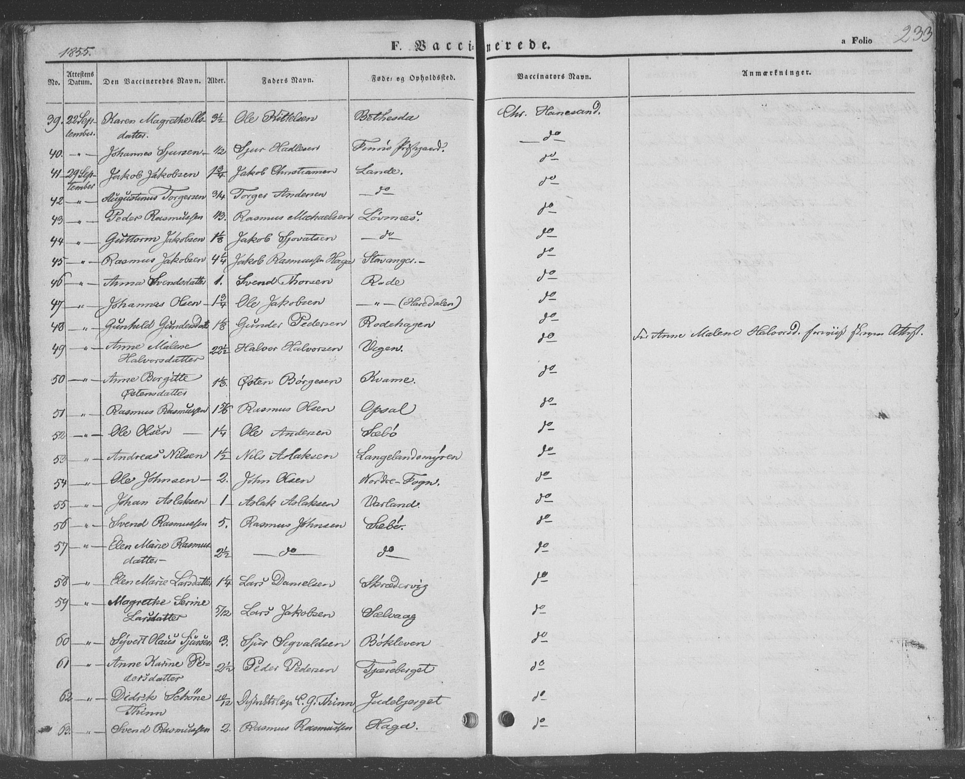 Finnøy sokneprestkontor, AV/SAST-A-101825/H/Ha/Haa/L0007: Ministerialbok nr. A 7, 1847-1862, s. 233