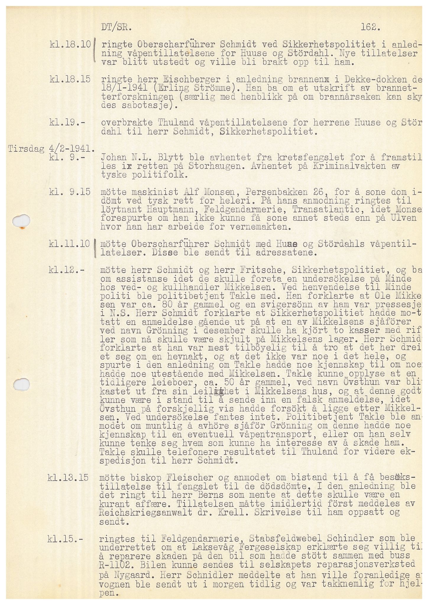 Bergen politikammer / politidistrikt, SAB/A-60401/Y/Ye/L0001: Avskrift av krigsdagbok av Dankert Thuland, 1940-1941, s. 162