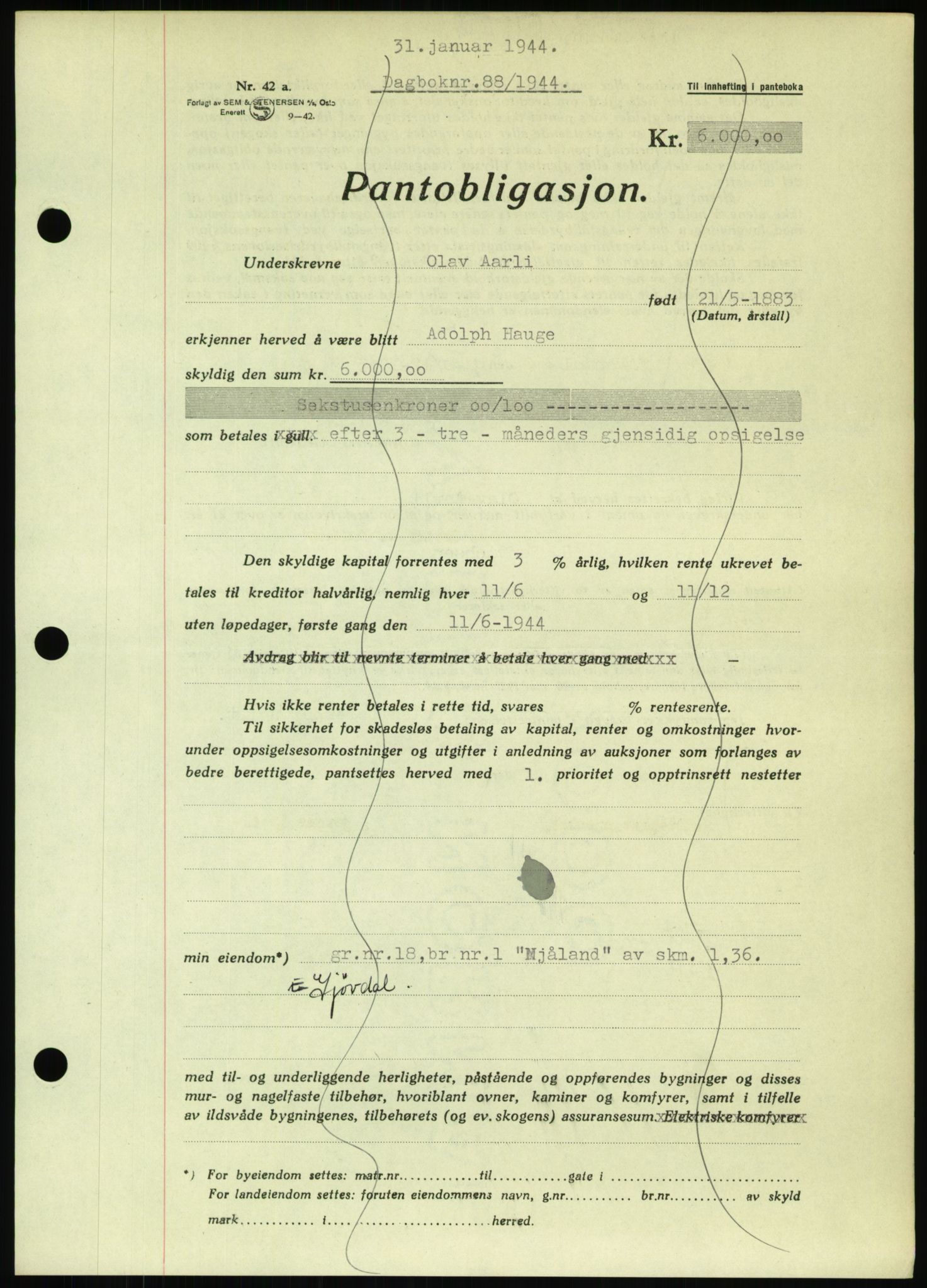 Nedenes sorenskriveri, SAK/1221-0006/G/Gb/Gbb/L0002: Pantebok nr. II, 1942-1945, Dagboknr: 88/1944