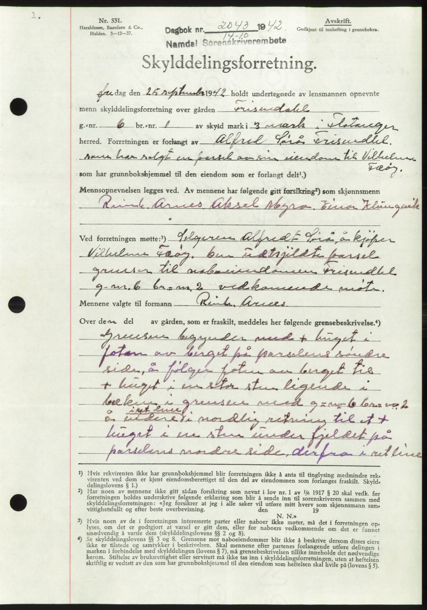 Namdal sorenskriveri, SAT/A-4133/1/2/2C: Pantebok nr. -, 1942-1943, Dagboknr: 2043/1942