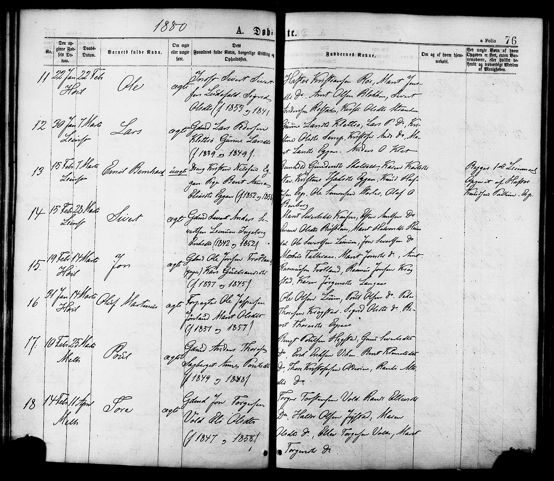 Ministerialprotokoller, klokkerbøker og fødselsregistre - Sør-Trøndelag, AV/SAT-A-1456/691/L1079: Ministerialbok nr. 691A11, 1873-1886, s. 76
