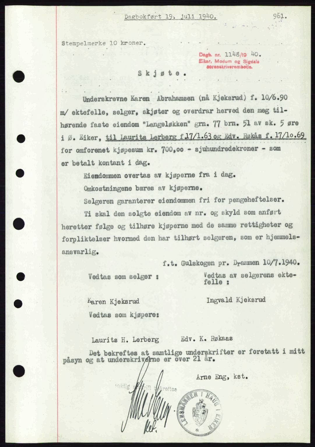 Eiker, Modum og Sigdal sorenskriveri, SAKO/A-123/G/Ga/Gab/L0041: Pantebok nr. A11, 1939-1940, Dagboknr: 1148/1940