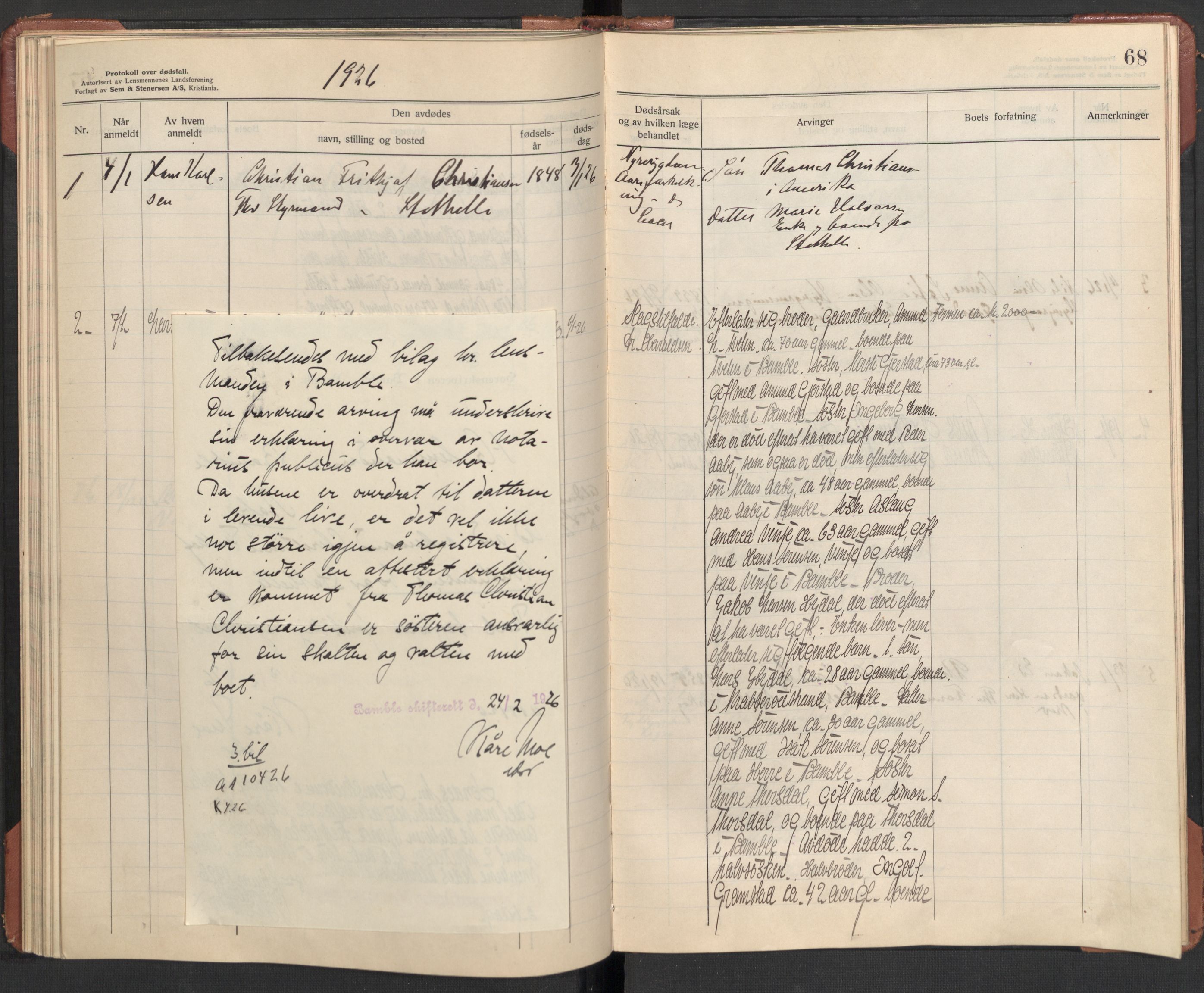 Bamble lensmannskontor, AV/SAKO-A-552/H/Ha/Haa/L0004: Dødsfallsprotokoll, 1923-1926, s. 68