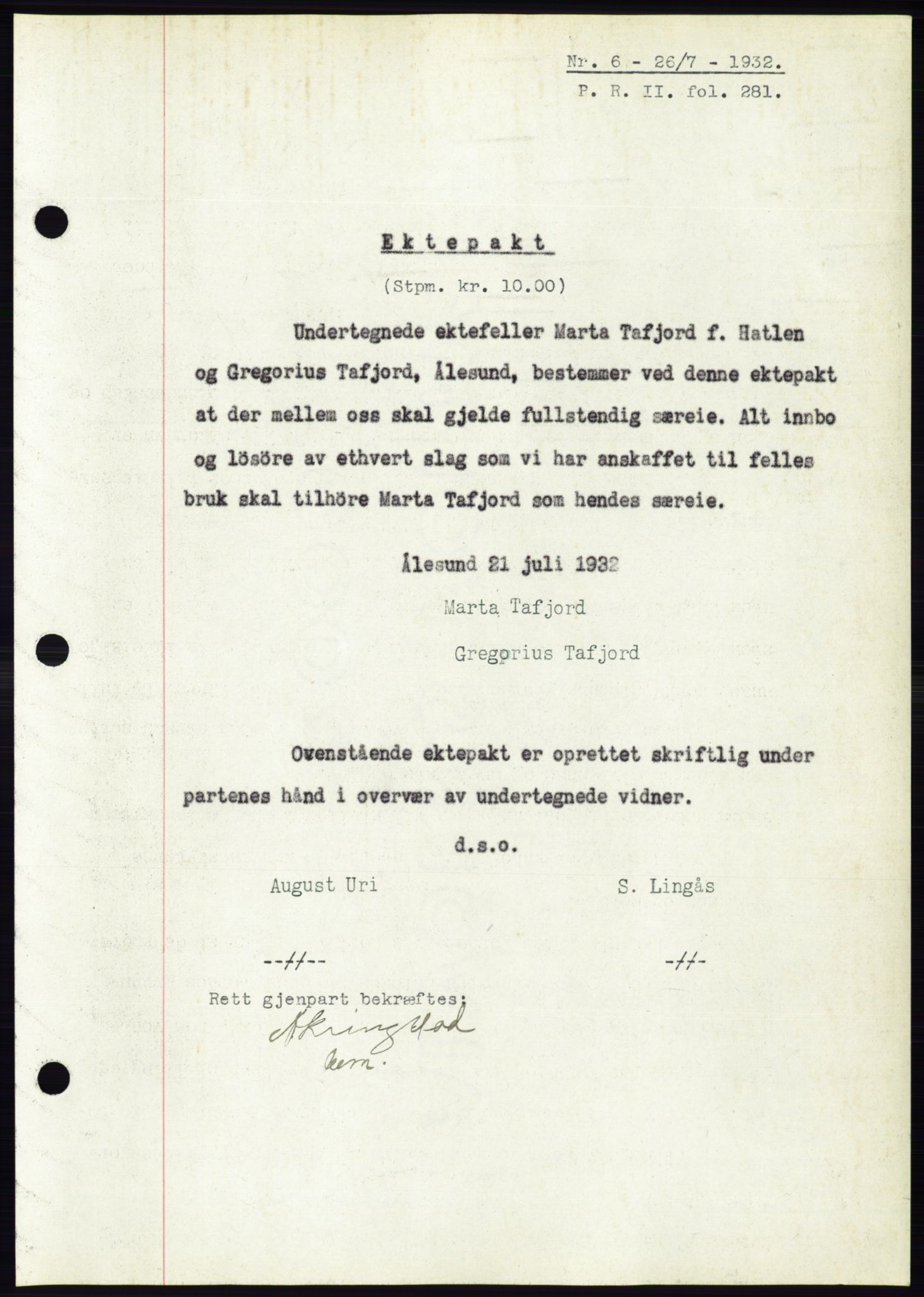 Ålesund byfogd, AV/SAT-A-4384: Pantebok nr. 30, 1932-1933, Tingl.dato: 26.07.1932