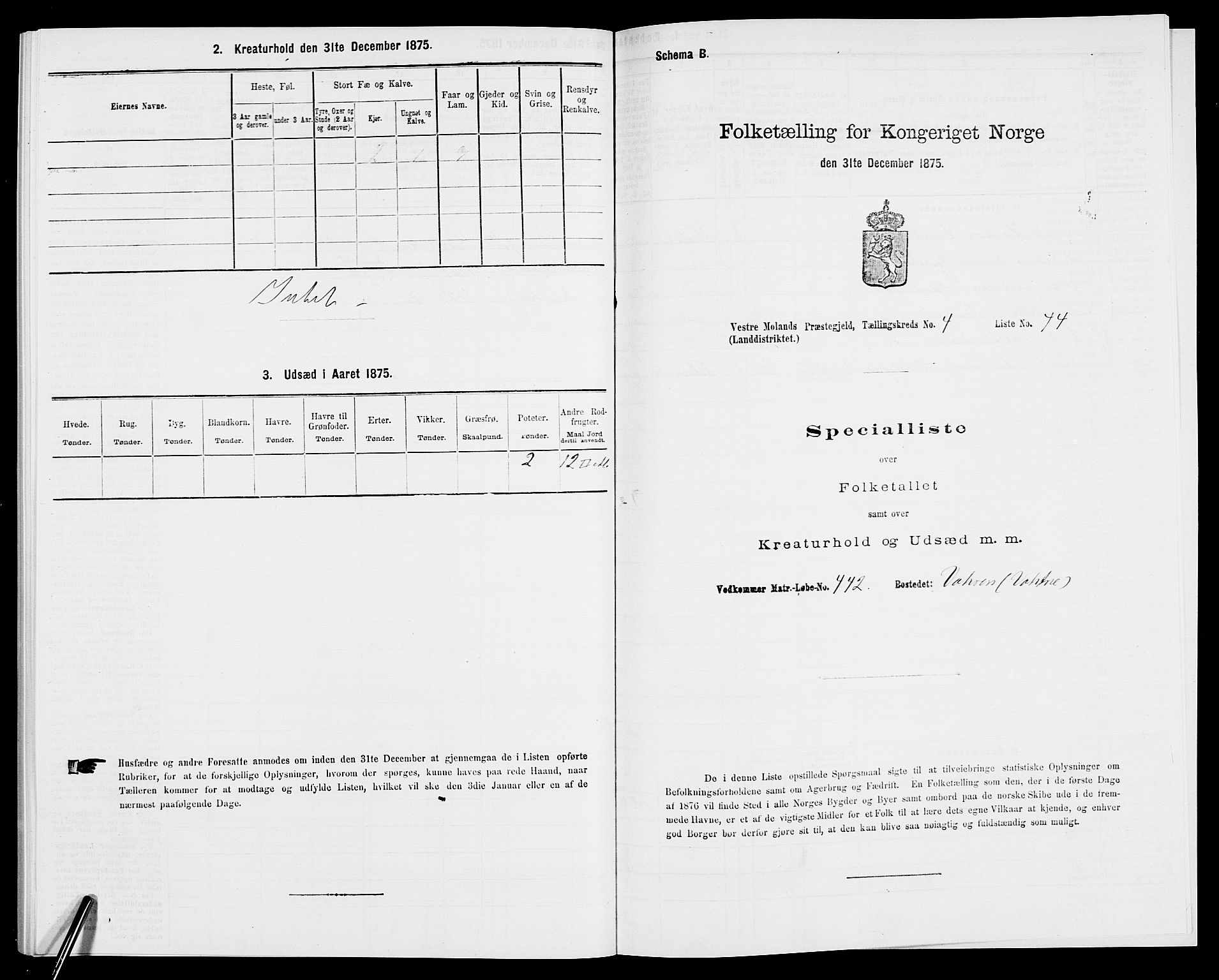 SAK, Folketelling 1875 for 0926L Vestre Moland prestegjeld, Vestre Moland sokn, 1875, s. 644