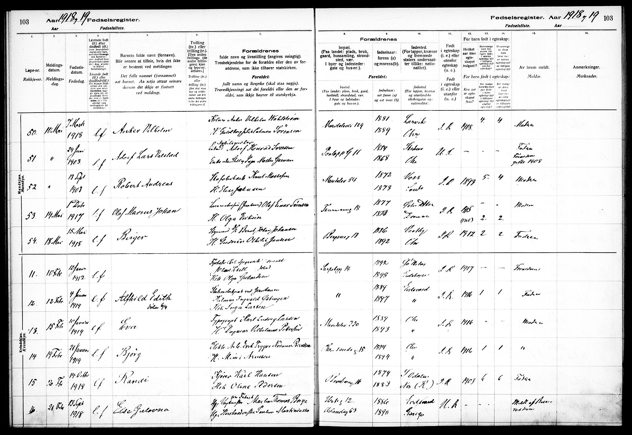 Sagene prestekontor Kirkebøker, SAO/A-10796/J/L0001: Fødselsregister nr. 1, 1916-1920, s. 103