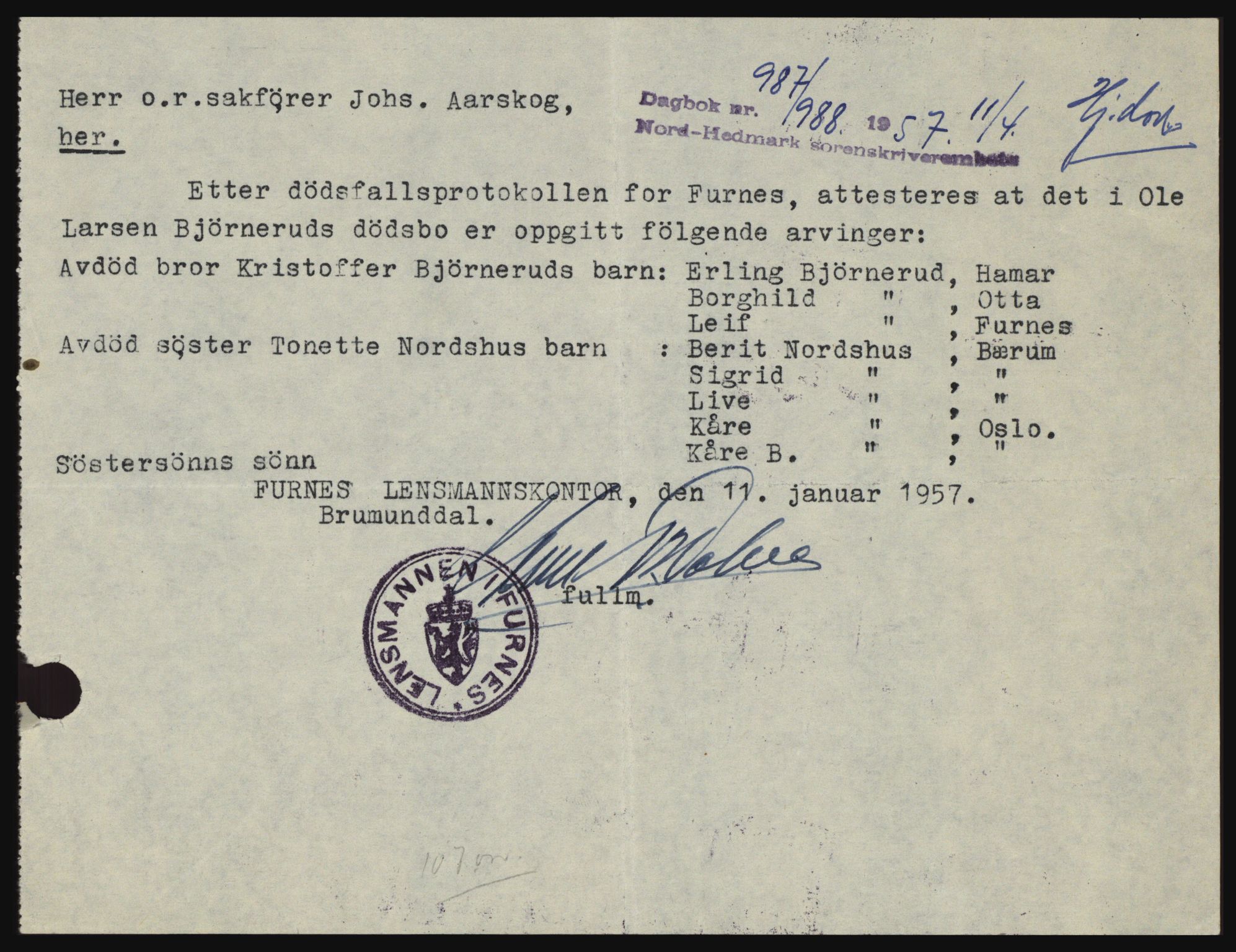 Nord-Hedmark sorenskriveri, SAH/TING-012/H/Hc/L0011: Pantebok nr. 11, 1956-1957, Dagboknr: 987/1957