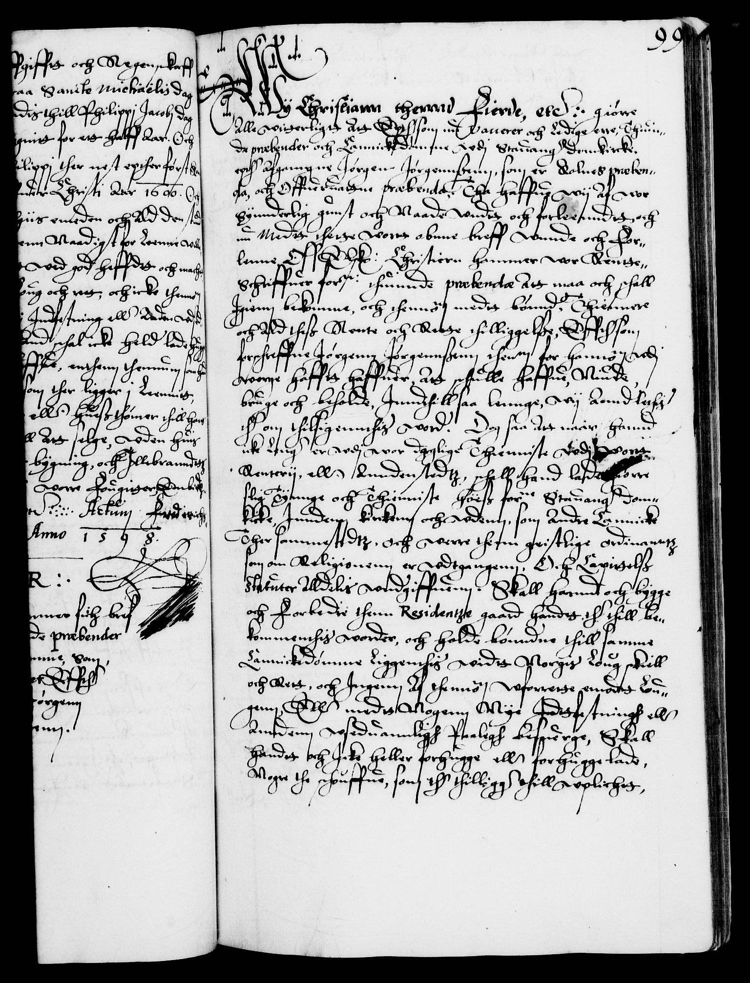 Danske Kanselli 1572-1799, RA/EA-3023/F/Fc/Fca/Fcaa/L0003: Norske registre (mikrofilm), 1596-1616, s. 99a