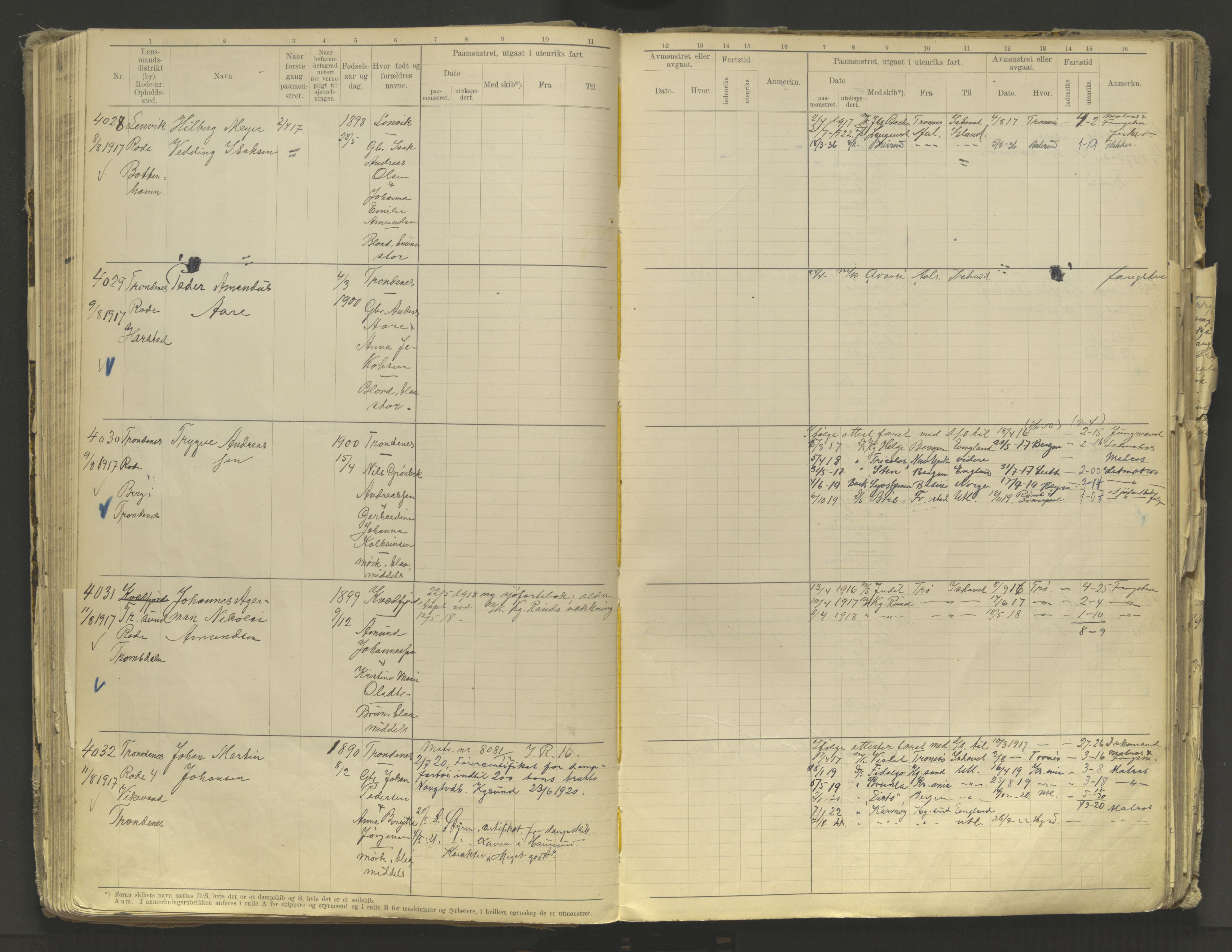 Tromsø sjømannskontor/innrullerings-/mønstringsdistrikt, AV/SATØ-S-0243/F/Fb/L0010: Annotasjonsrulle. Defekt: løs innbinding. Nr. 3519-4972, 1916-1920