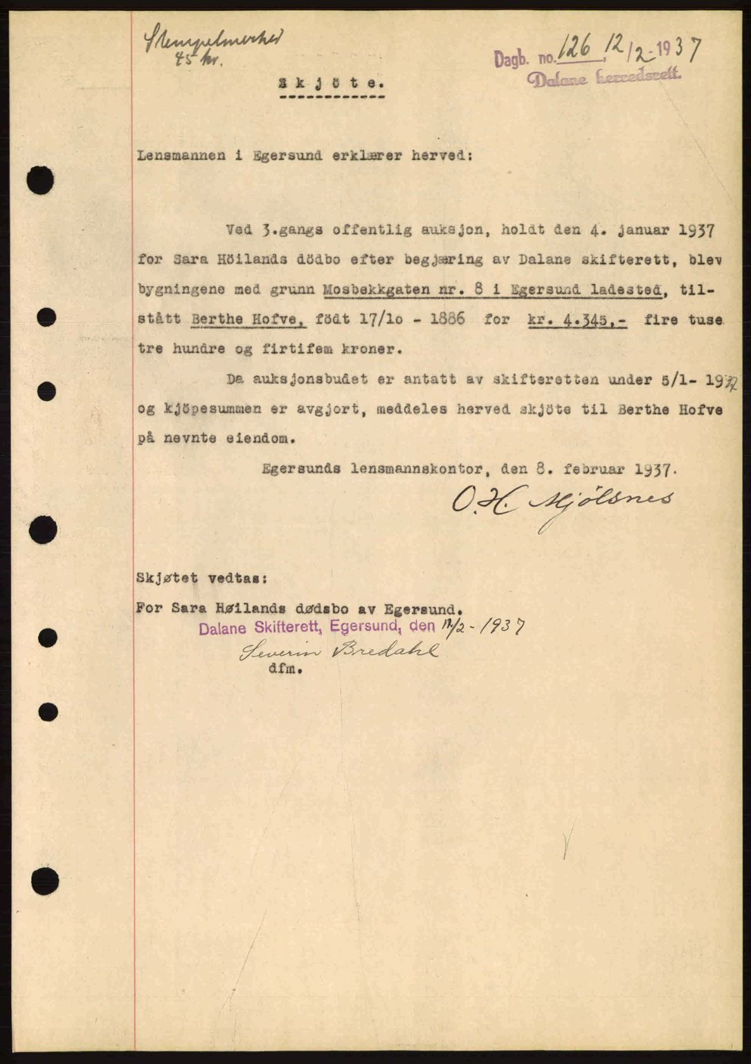 Dalane sorenskriveri, SAST/A-100309/02/G/Gb/L0041: Pantebok nr. A2, 1936-1937, Dagboknr: 126/1937
