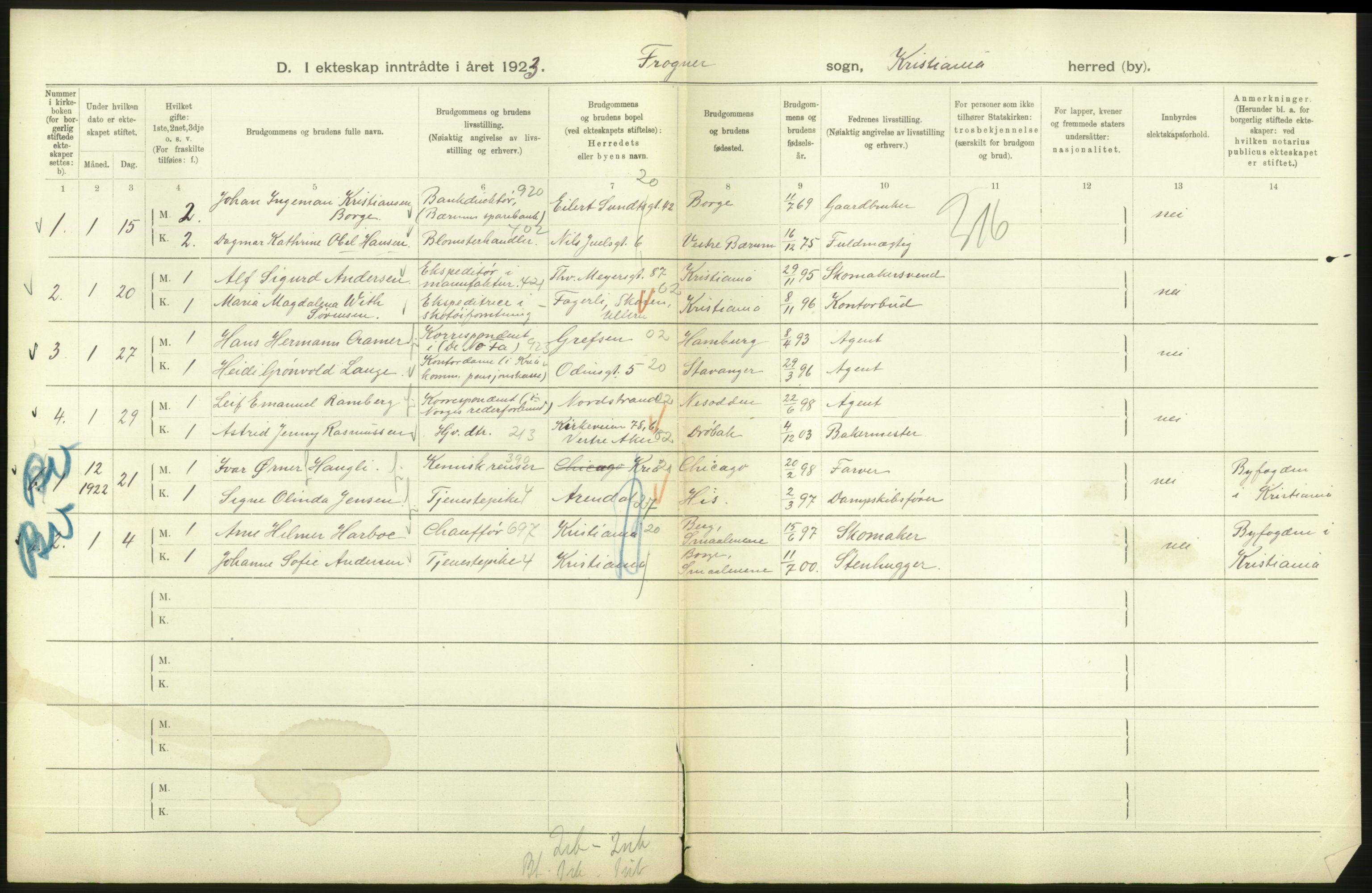 Statistisk sentralbyrå, Sosiodemografiske emner, Befolkning, AV/RA-S-2228/D/Df/Dfc/Dfcc/L0008: Kristiania: Gifte, 1923, s. 290