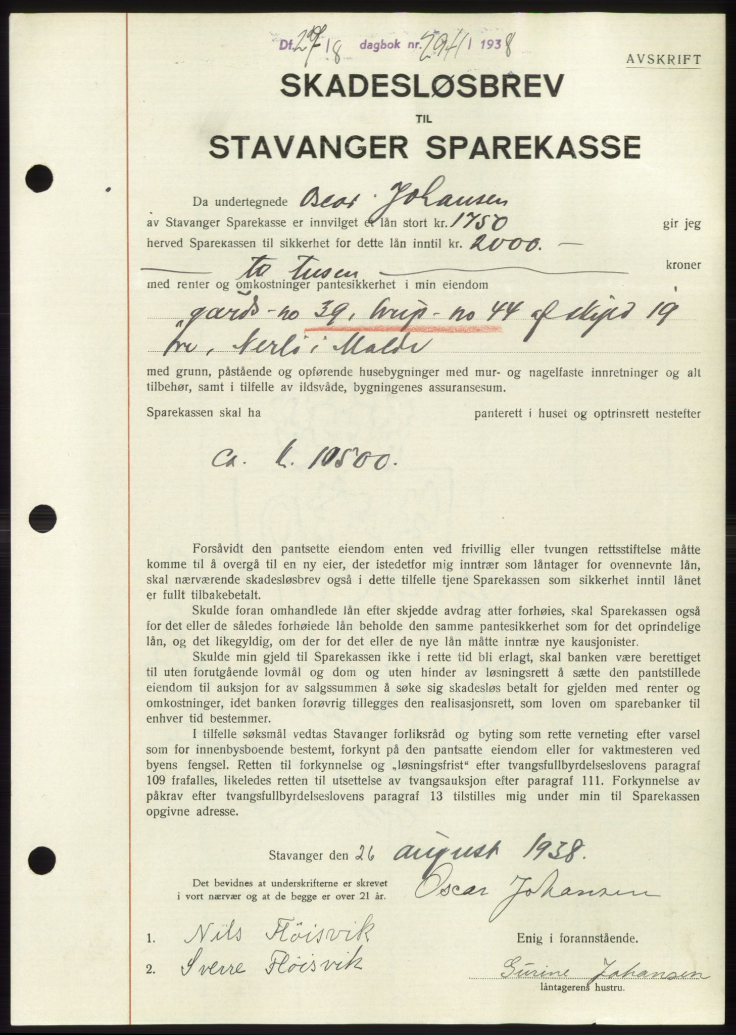 Jæren sorenskriveri, SAST/A-100310/03/G/Gba/L0071: Pantebok, 1938-1938, Dagboknr: 2941/1938